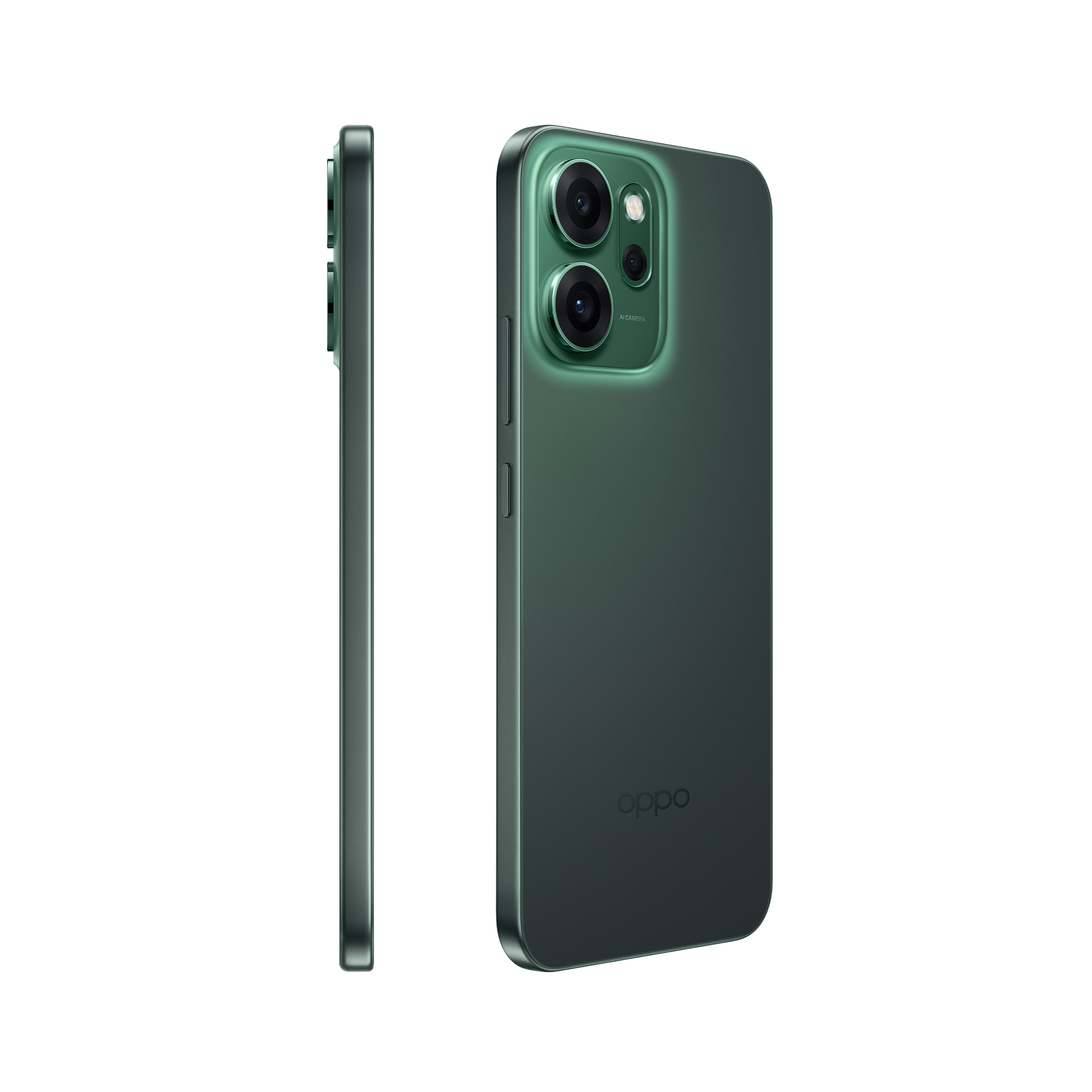 Zielony smartfon Oppo z modułem aparatu i logo, pokazany z przodu i z boku.