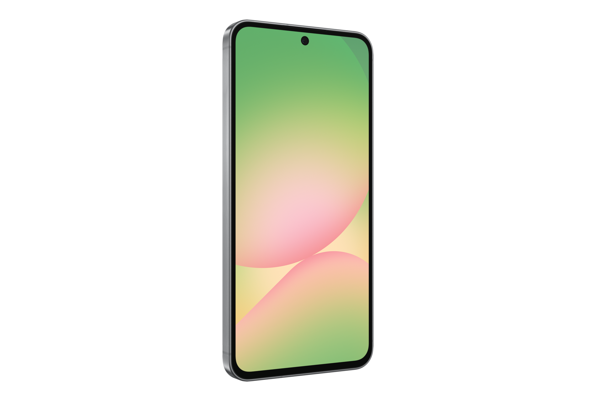 Srebrny smartfon z ekranem w kolorze zielonym, żółtym i różowym.