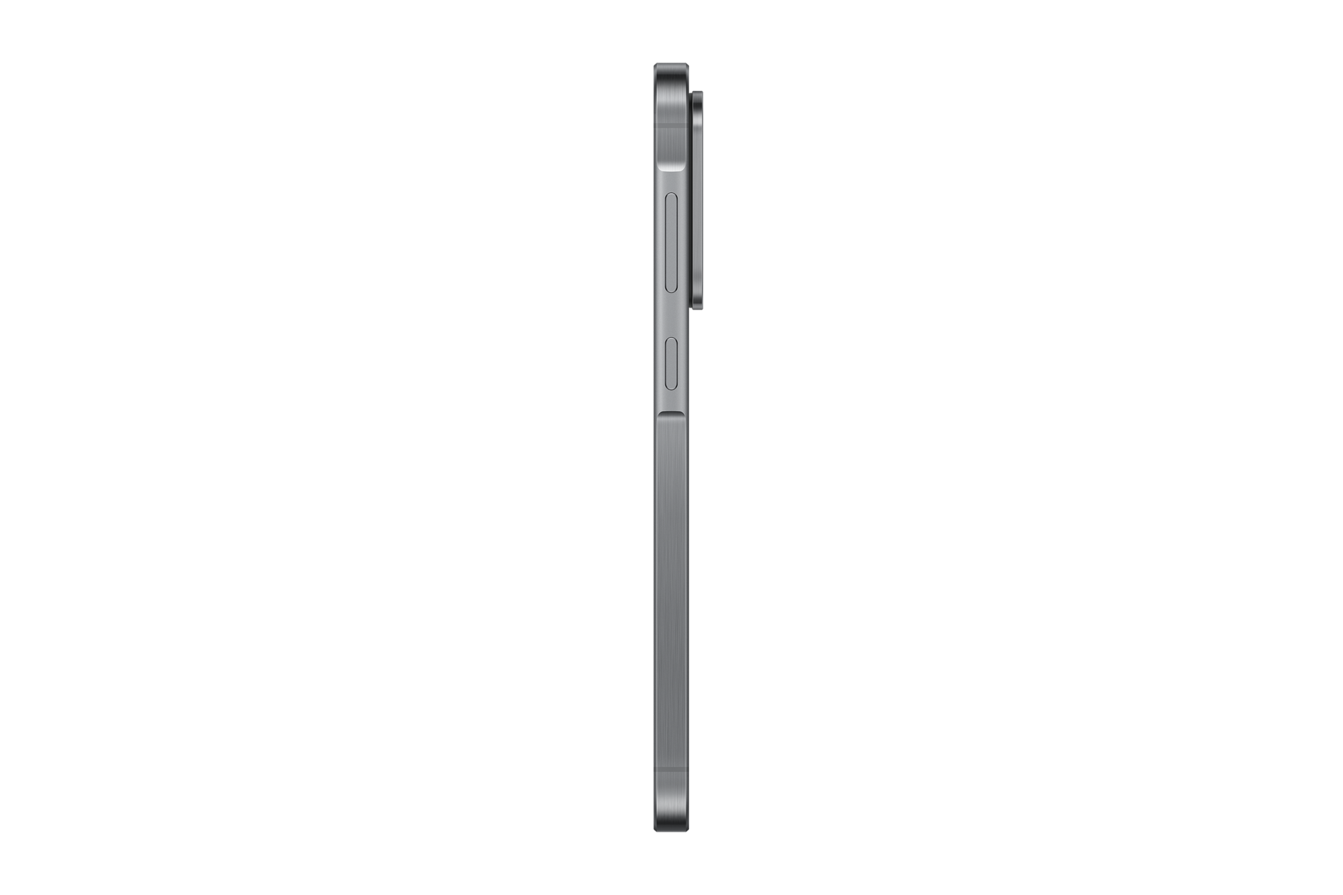 Szary smartfon w profilu na czarnym tle z widocznymi przyciskami.