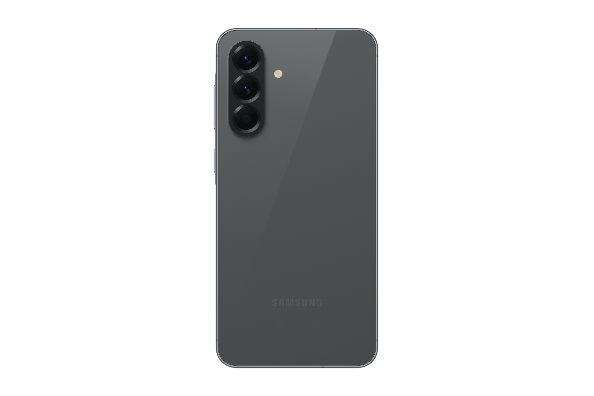 Tył szarego smartfona Samsung z trzema aparatami i lampą błyskową.