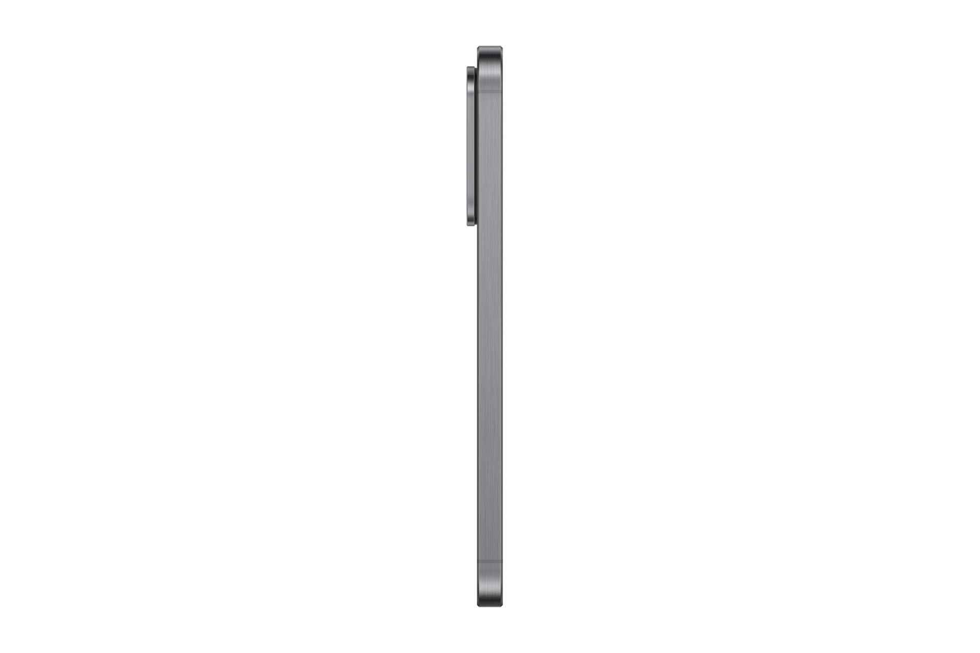 Szary tablet widoczny z boku na czarnym tle.