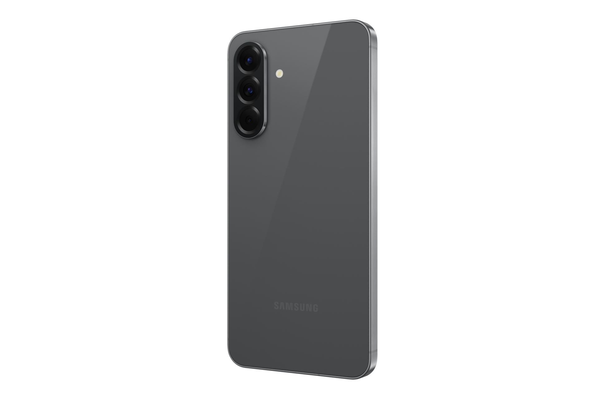 Szary smartfon z trzema tylnymi aparatami, wyizolowany na czarnym tle.