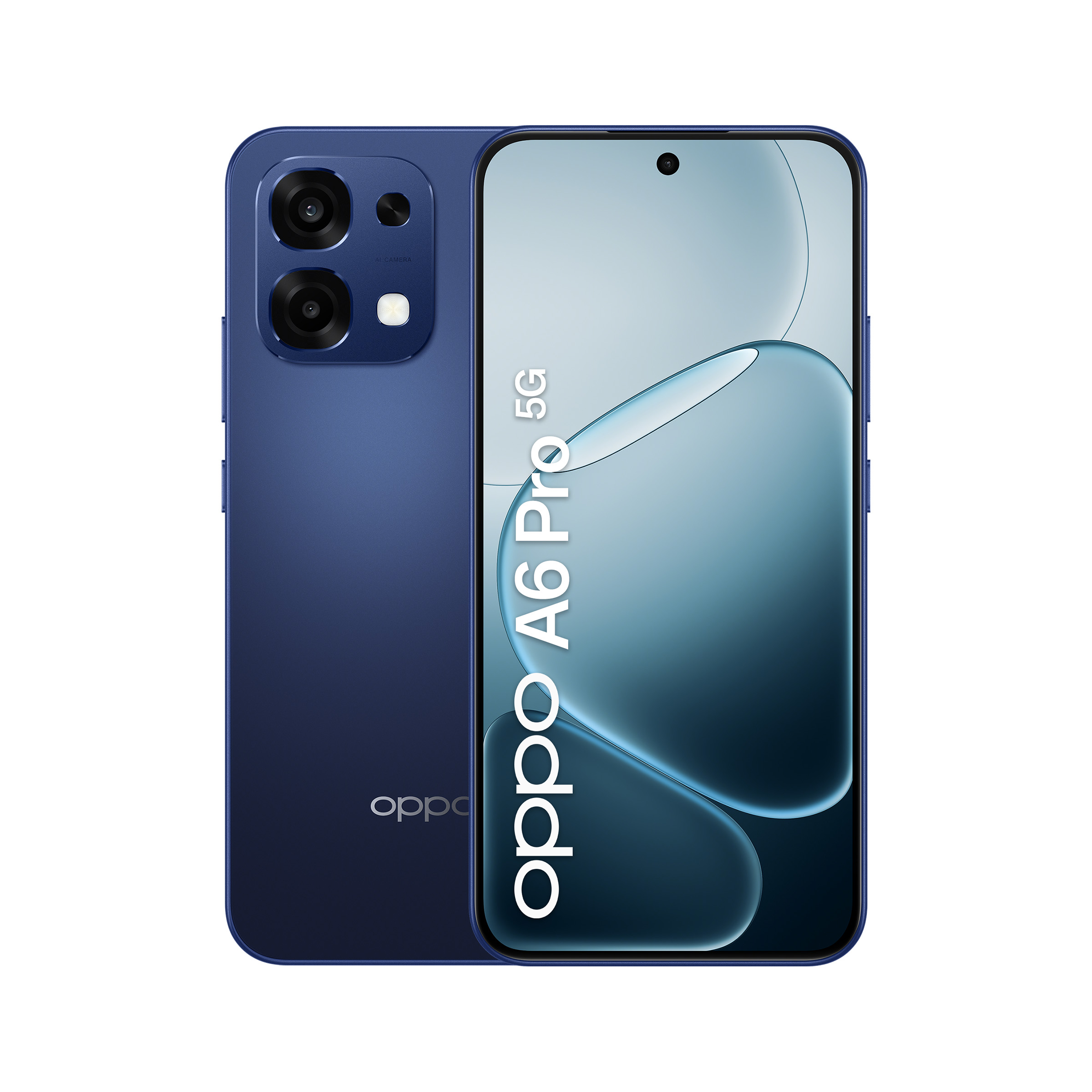Niebieski smartfon Oppo A6 Pro 5G, pokazany z przodu i z tyłu.
