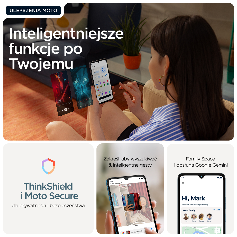 Kobieta trzyma trzy smartfony z aplikacjami. Poniżej pola tekstowe.
