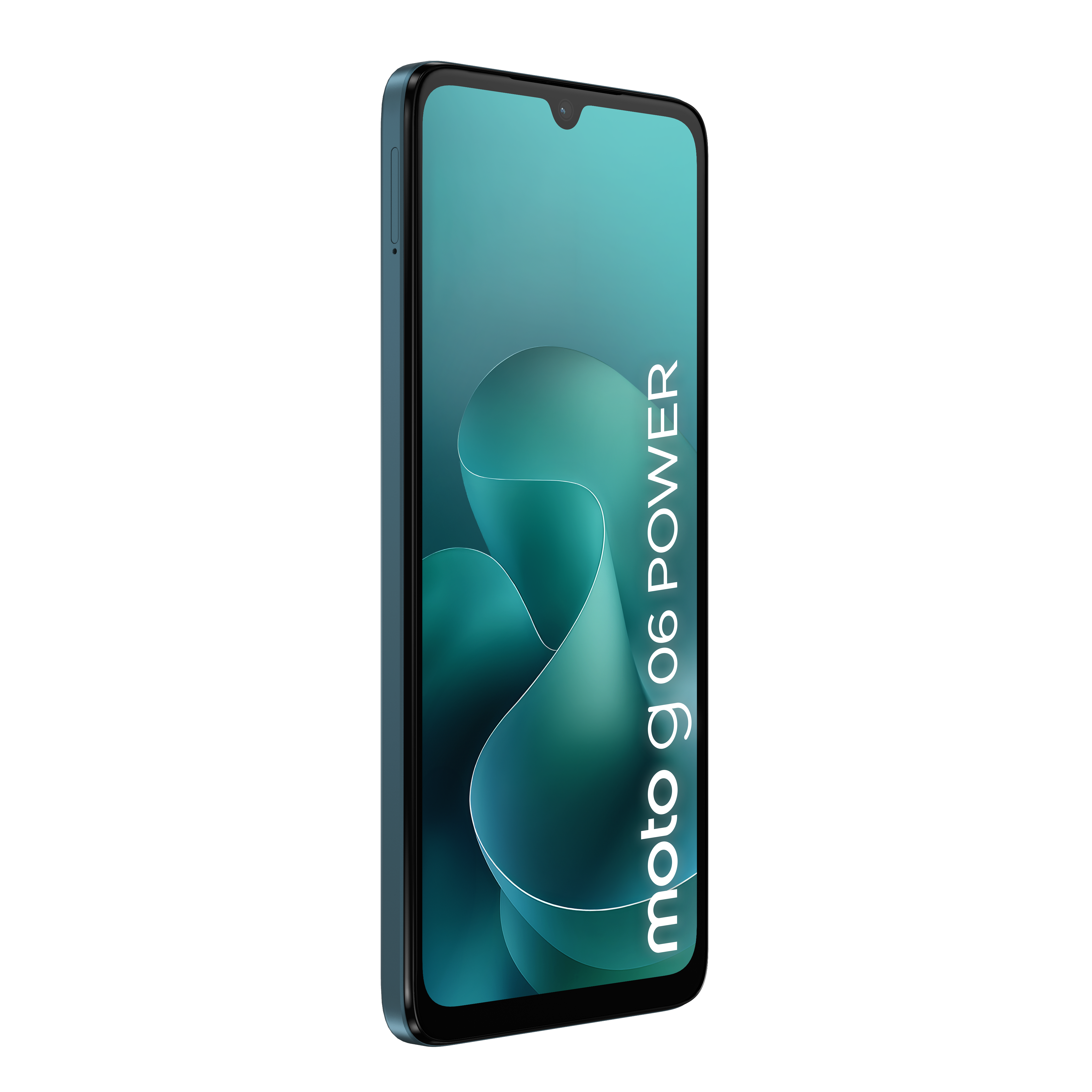 Niebieski smartfon z turkusowym tłem i napisem „moto g 06 POWER”.
