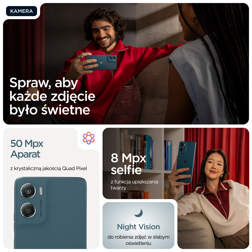 Mężczyzna z telefonem robi zdjęcie kobiecie, szczegóły aparatu, 50MP, selfie 8MP, noktowizor.