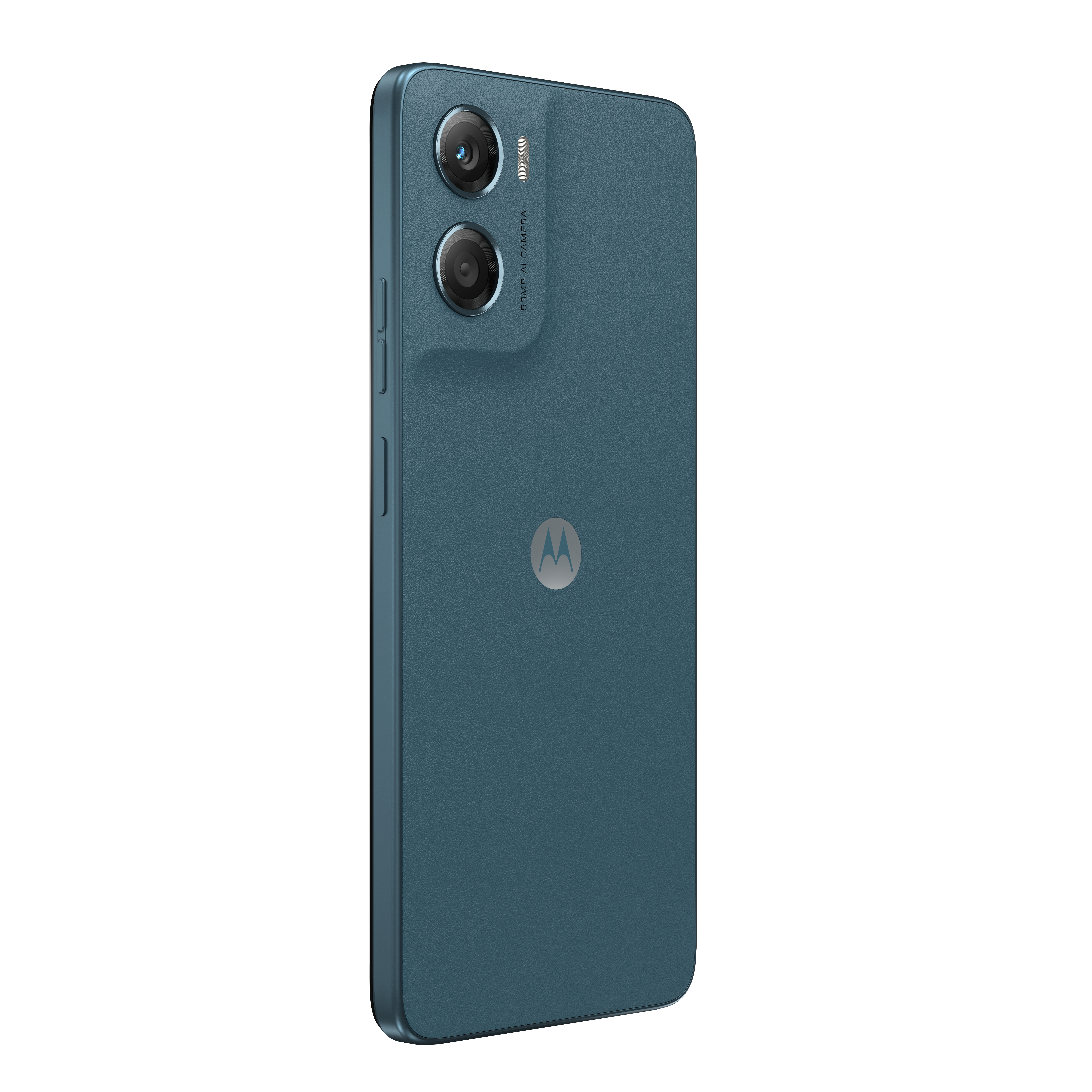 Niebieski smartfon Motorola z dwoma aparatami i logo Motorola.