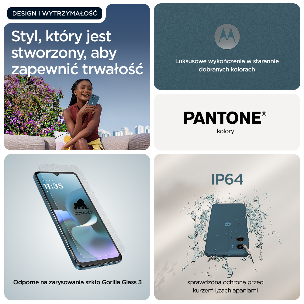Kolaż: Kobieta z telefonem, logo Motorola, Pantone, Gorilla Glass i ochrona IP64.