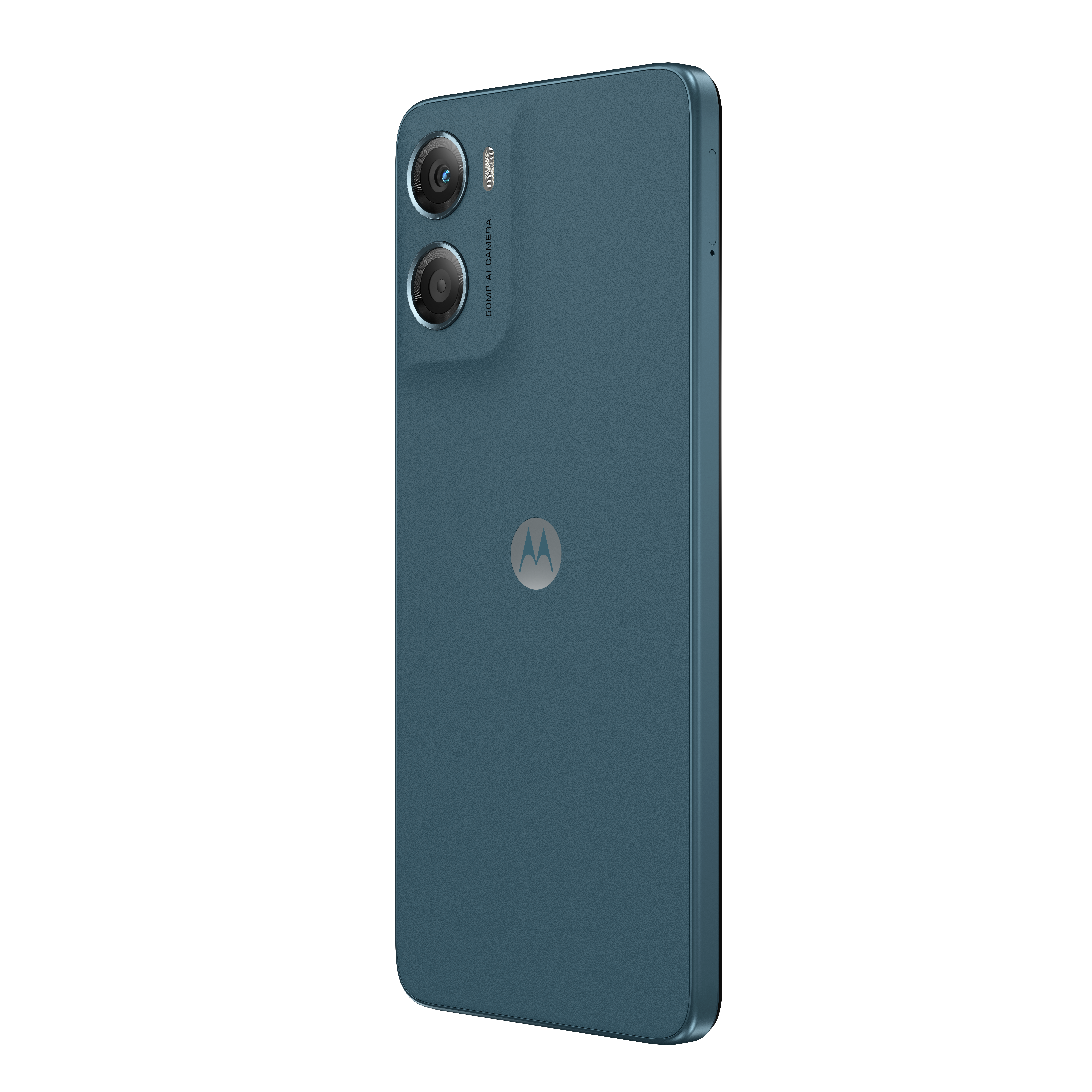 Tył turkusowego smartfona Motorola z dwoma aparatami i logo.