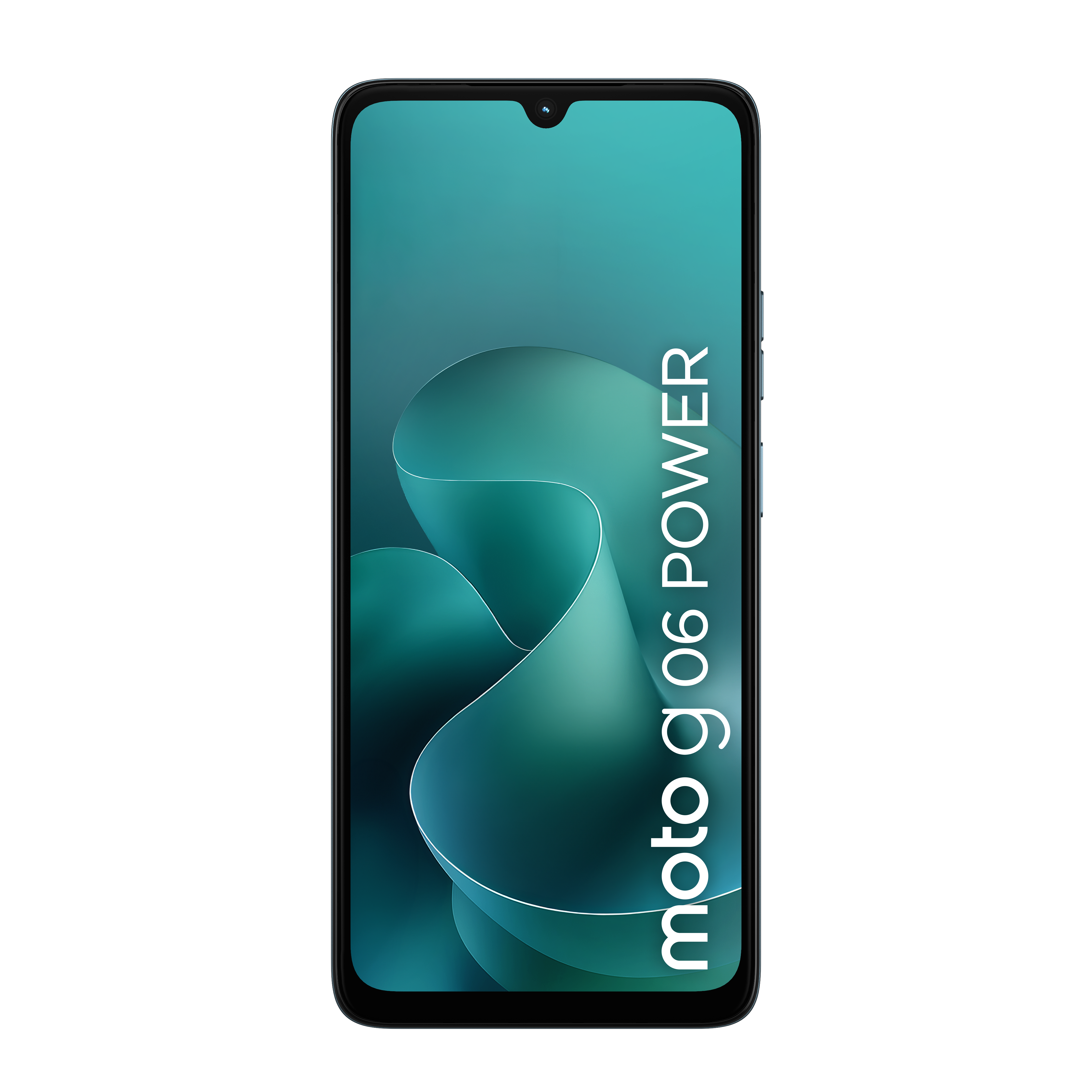 Czarny smartfon z turkusowym tłem i zakrzywionymi liniami.
