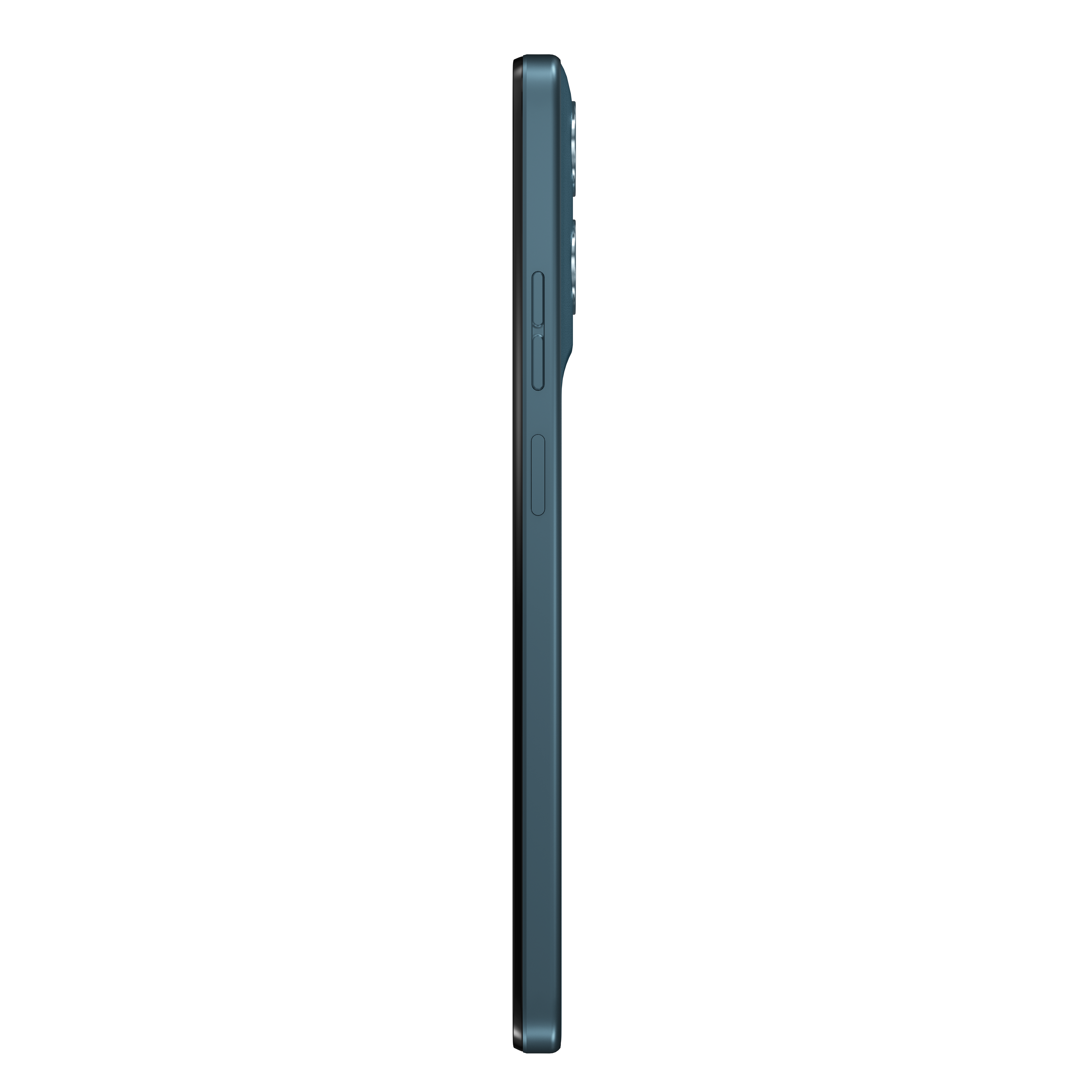 Ciemnoniebieski smartfon w profilu na czarnym tle, z widocznymi przyciskami.
