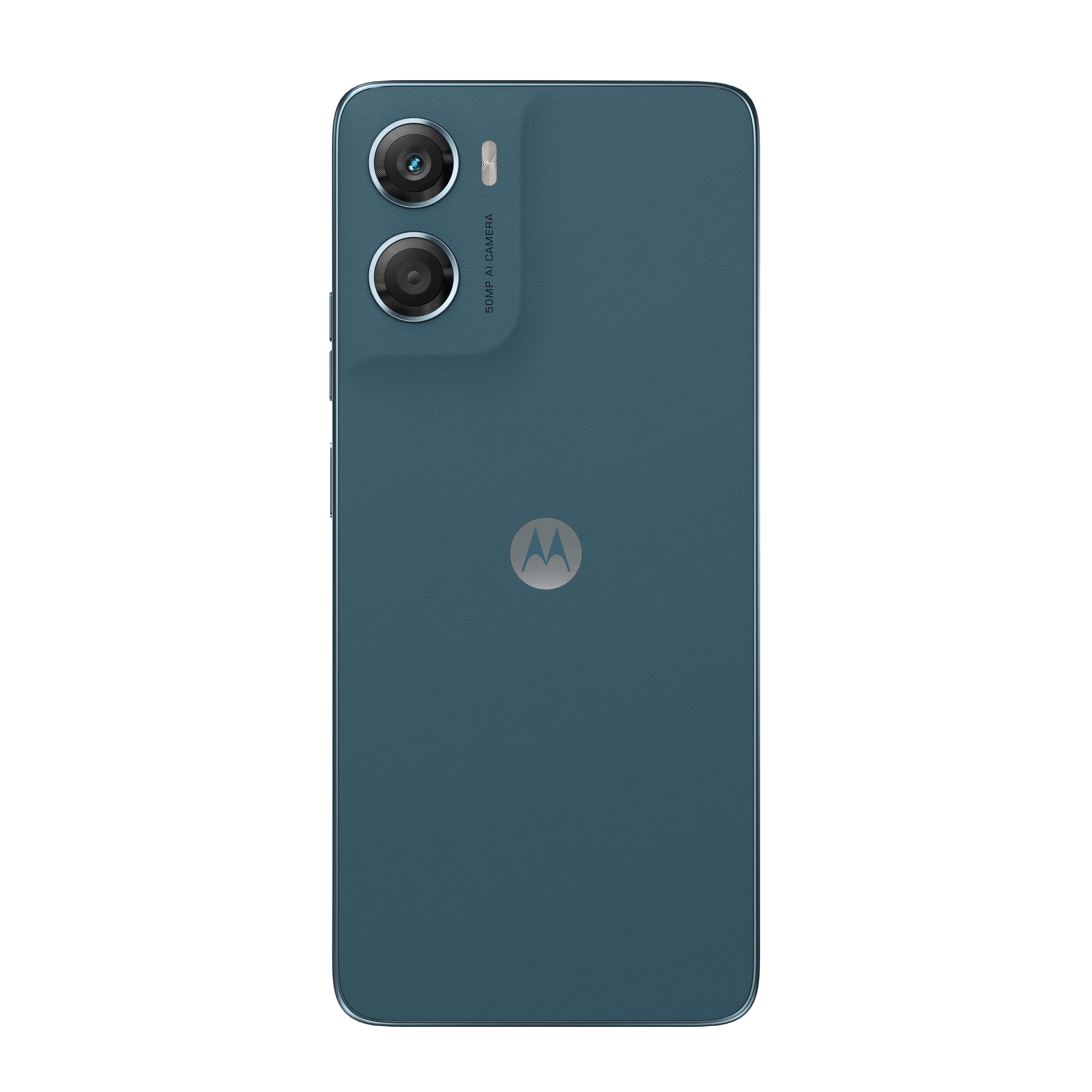 Tył niebieskiego smartfona Motorola z dwoma aparatami i logo.