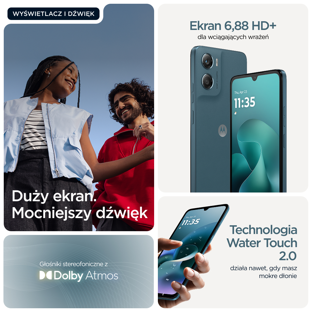 Mężczyzna i kobieta na tle nieba, pokazano telefon z dużym ekranem.