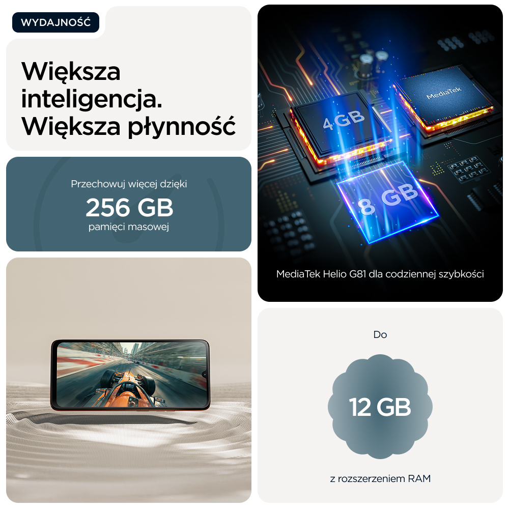 Wyświetlacz smartfona z grą wyścigową, procesory 4GB i 8GB, pamięć 256GB, RAM 12GB.