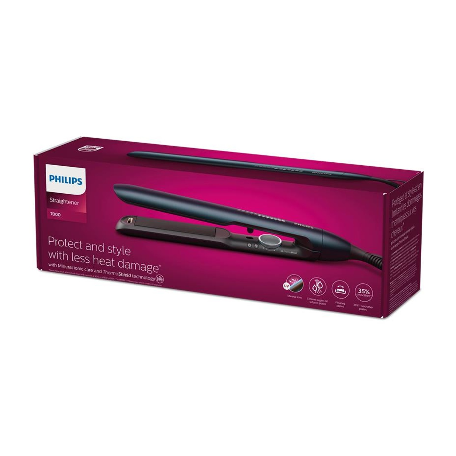 Confezione di una piastra per capelli Philips blu scuro, modello 7000.
