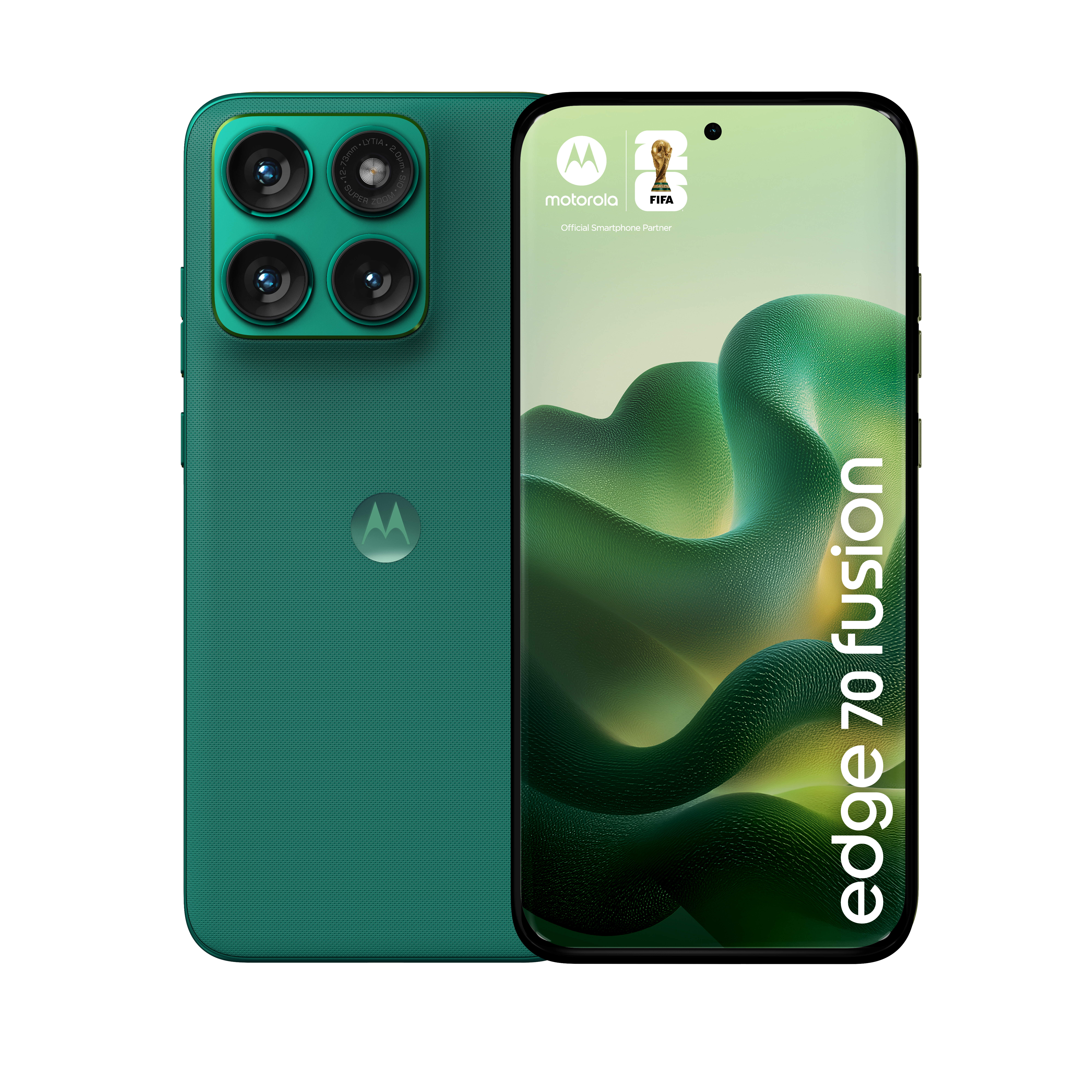 Zielony telefon Motorola z czterema aparatami i logo FIFA na ekranie.