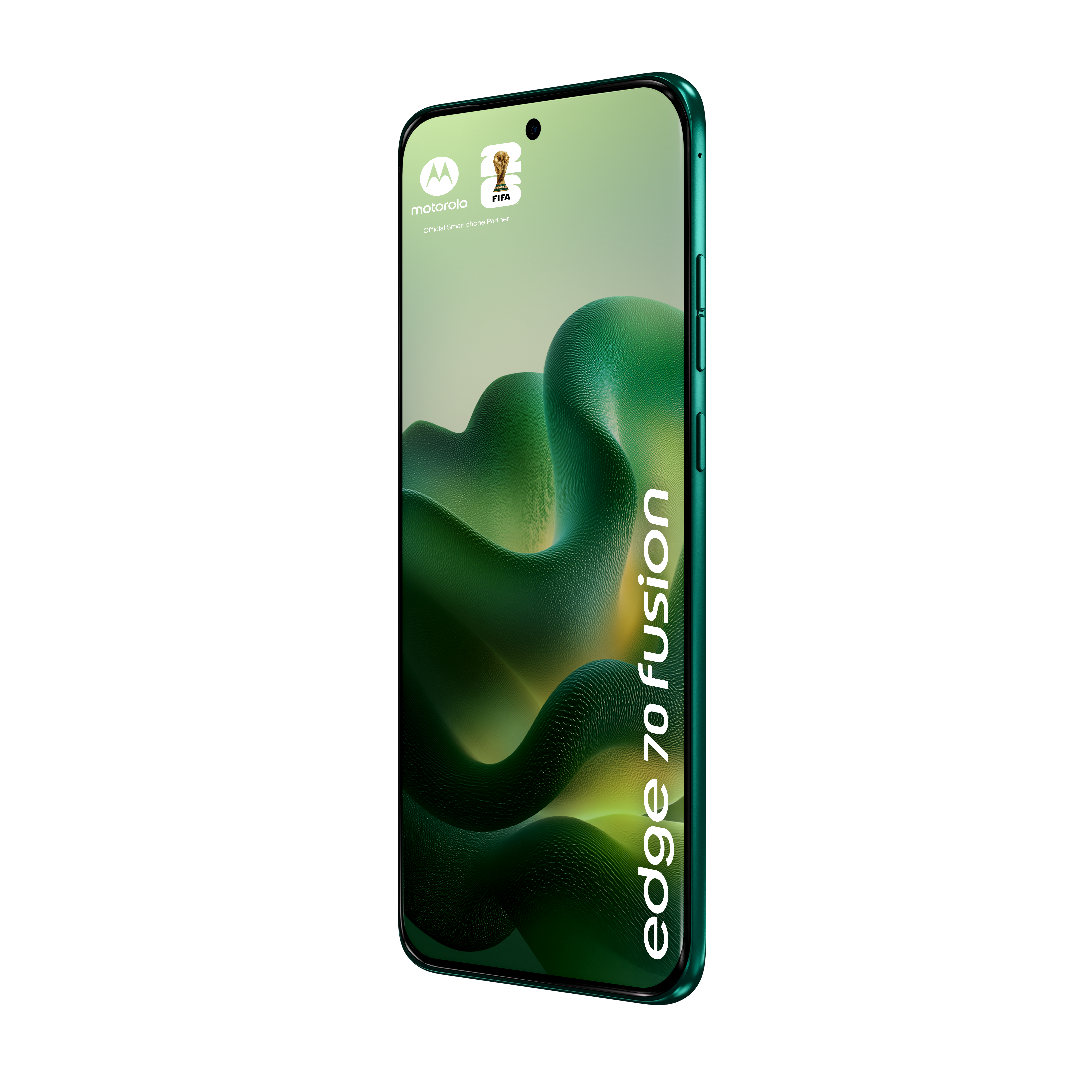 Zielony smartfon Motorola Edge 70 Fusion z logo FIFA i falistym wzorem.