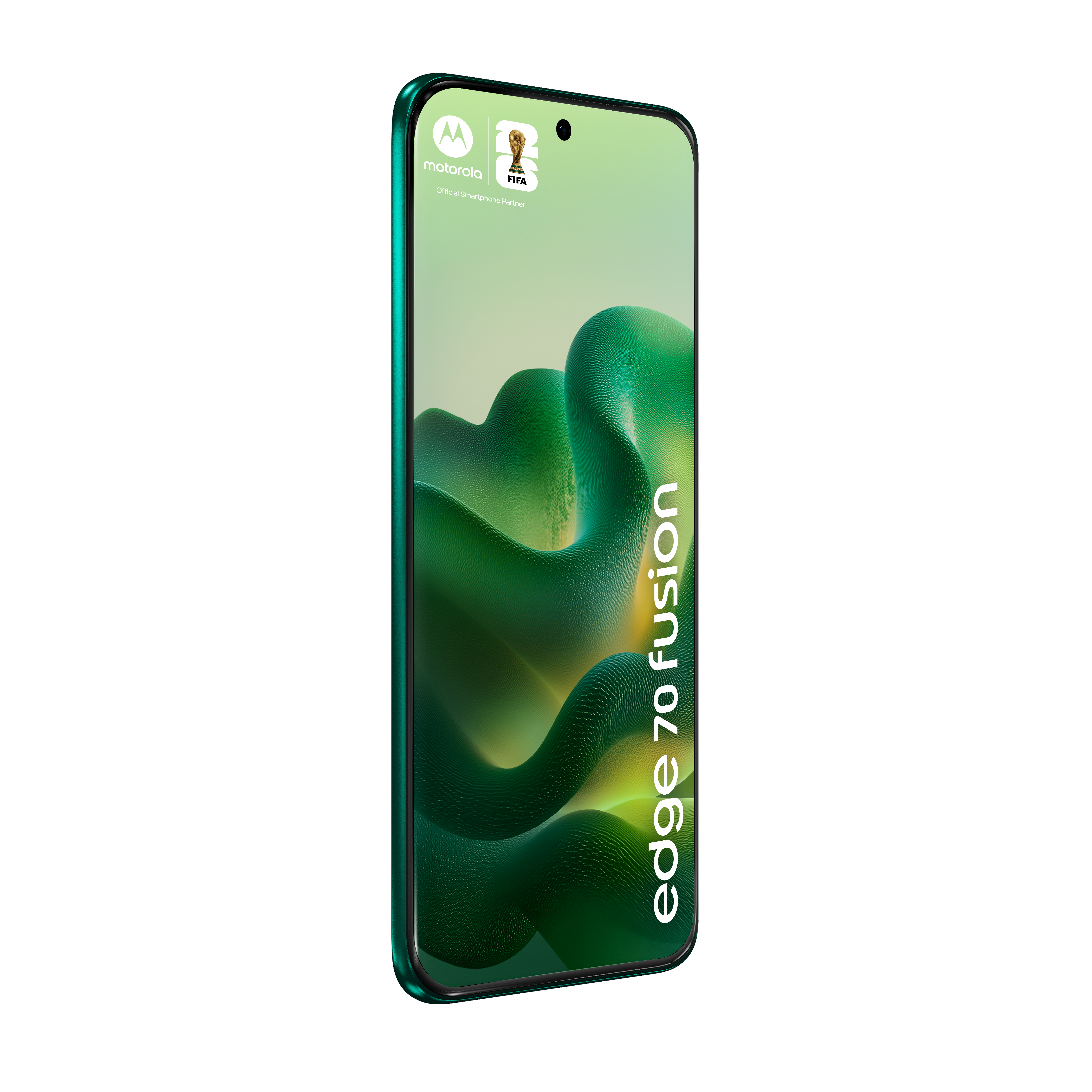 Zielony smartfon Motorola Edge 70 Fusion z logo FIFA.
