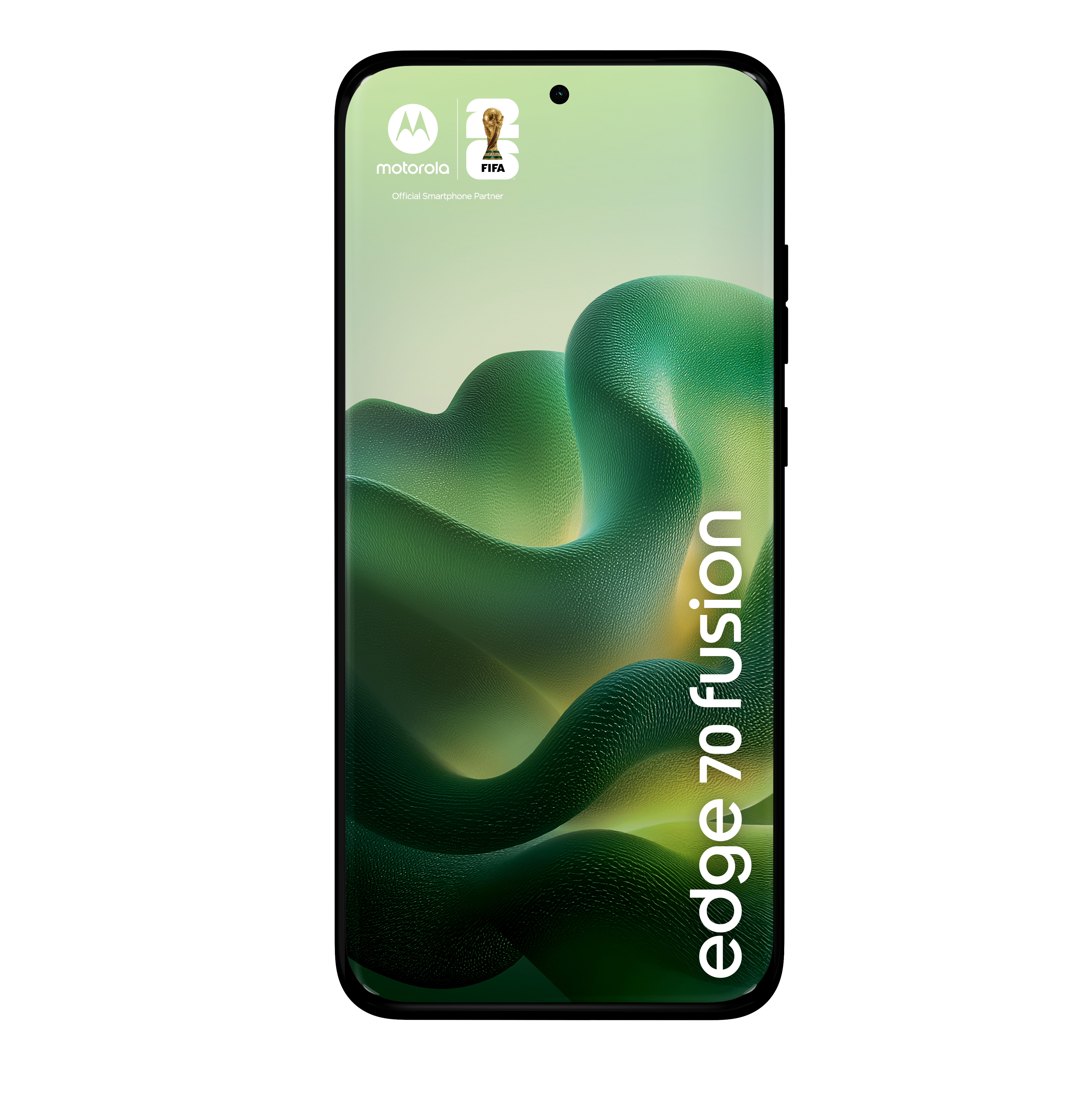 Smartfon Motorola Edge 70 Fusion z logo FIFA i zielonym falistym wzorem.