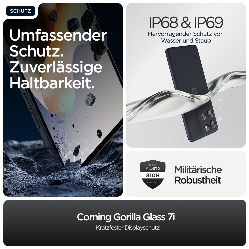Umfassender Schutz: Handy fällt, ist wasser-/staubdicht, militärisch zertifiziert.