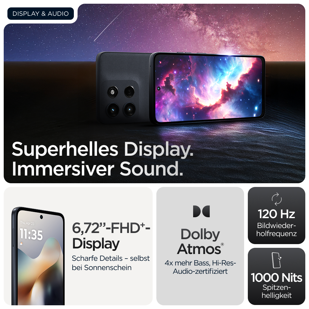 Smartphone mit superhellem Display und Dolby Atmos. 6,72 Zoll FHD+, 120 Hz, 1000 Nits.