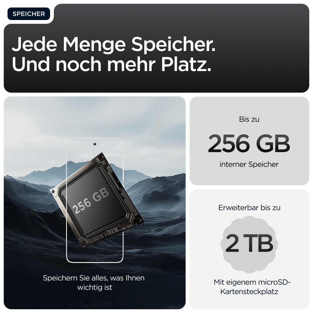 Ein Smartphone-Chip mit 256 GB Speicher vor einer Berglandschaft.
