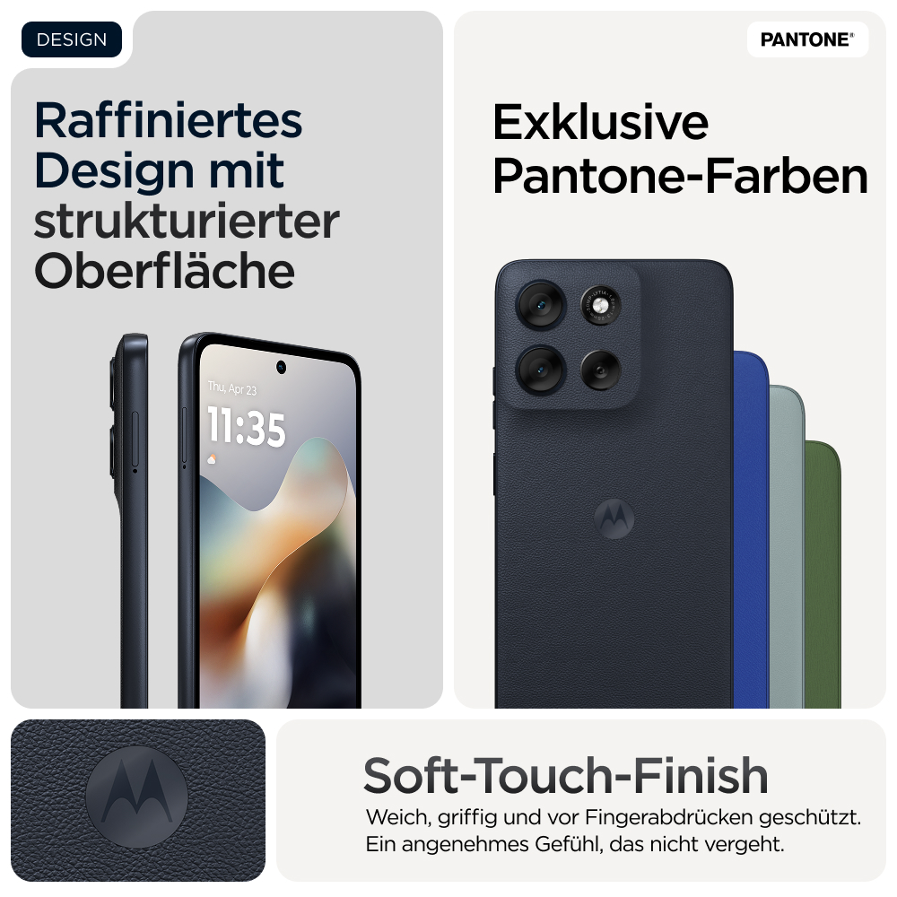 Ein Motorola-Smartphone mit strukturiertem Finish und Pantone-Farben.