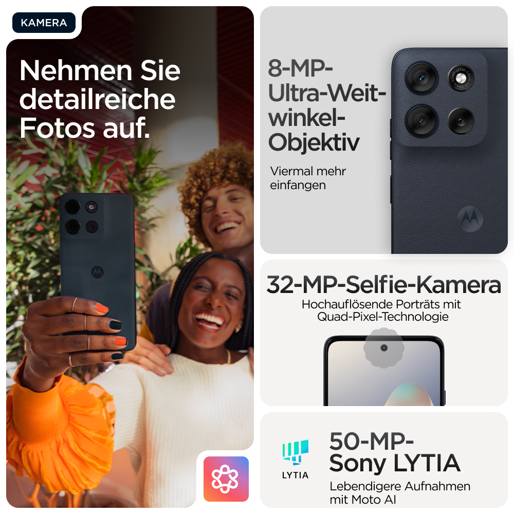 Drei lachende Personen machen ein Selfie mit einem Smartphone, das auf die Kamera zeigt.