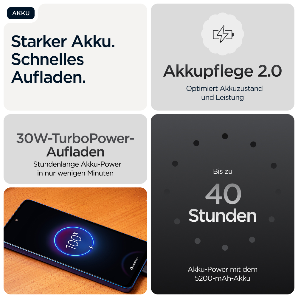 Starker Akku, schnelles Aufladen, 30W TurboPower, 40 Stunden Akku-Power.