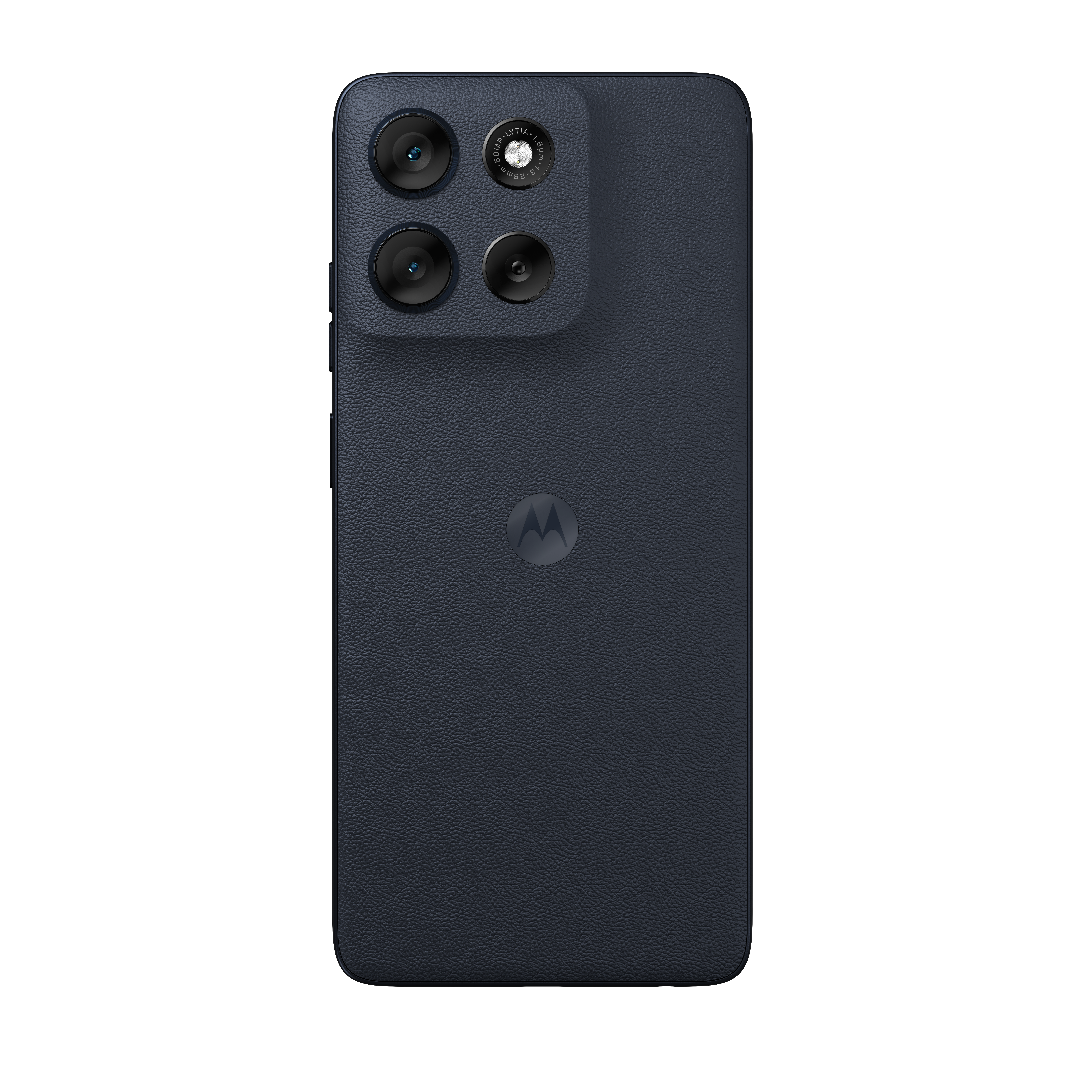 Ciemnoniebieski smartfon z czterema aparatami i logo Motoroli z tyłu.