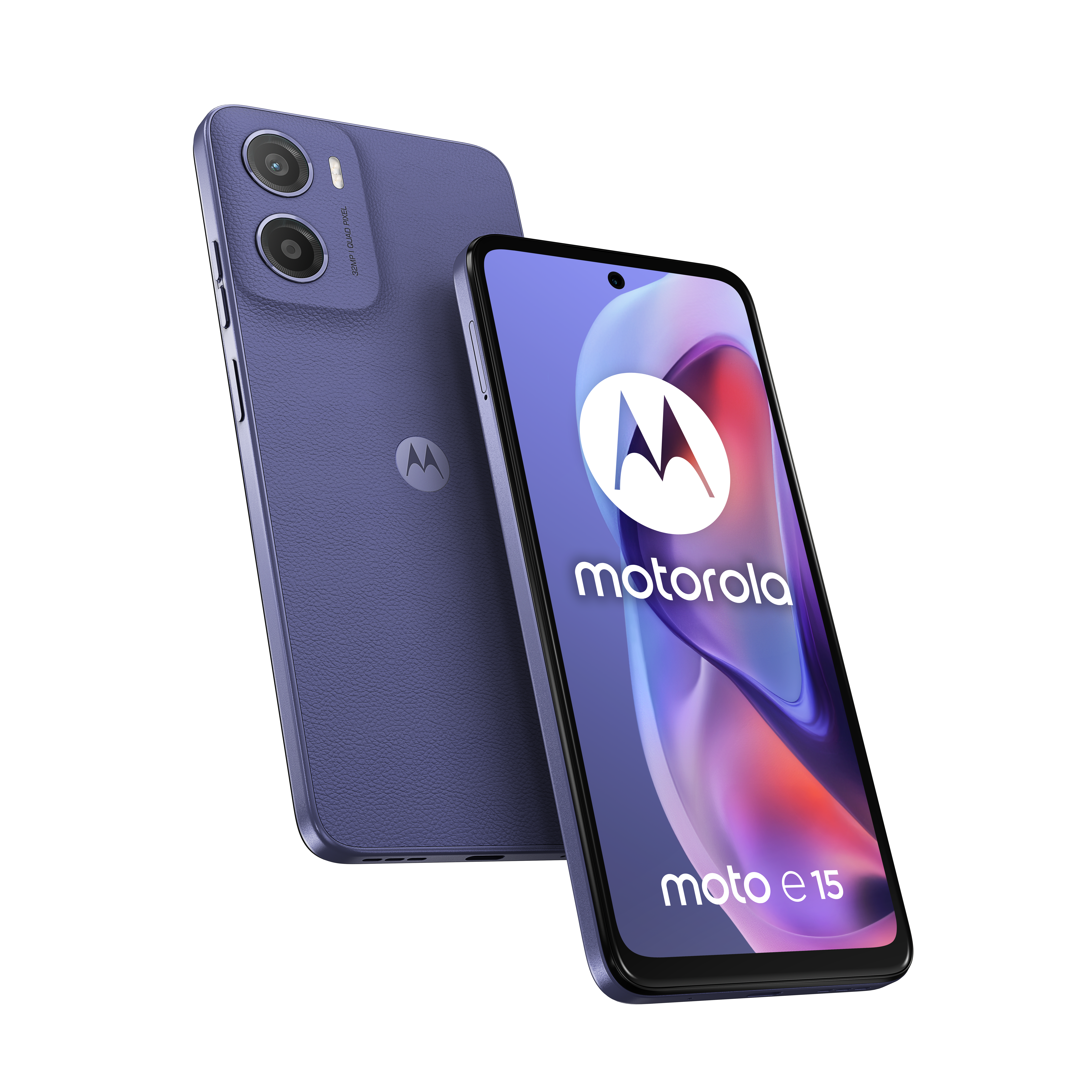 Fioletowy smartfon Motorola Moto E15 z podwójnym aparatem z tyłu.
