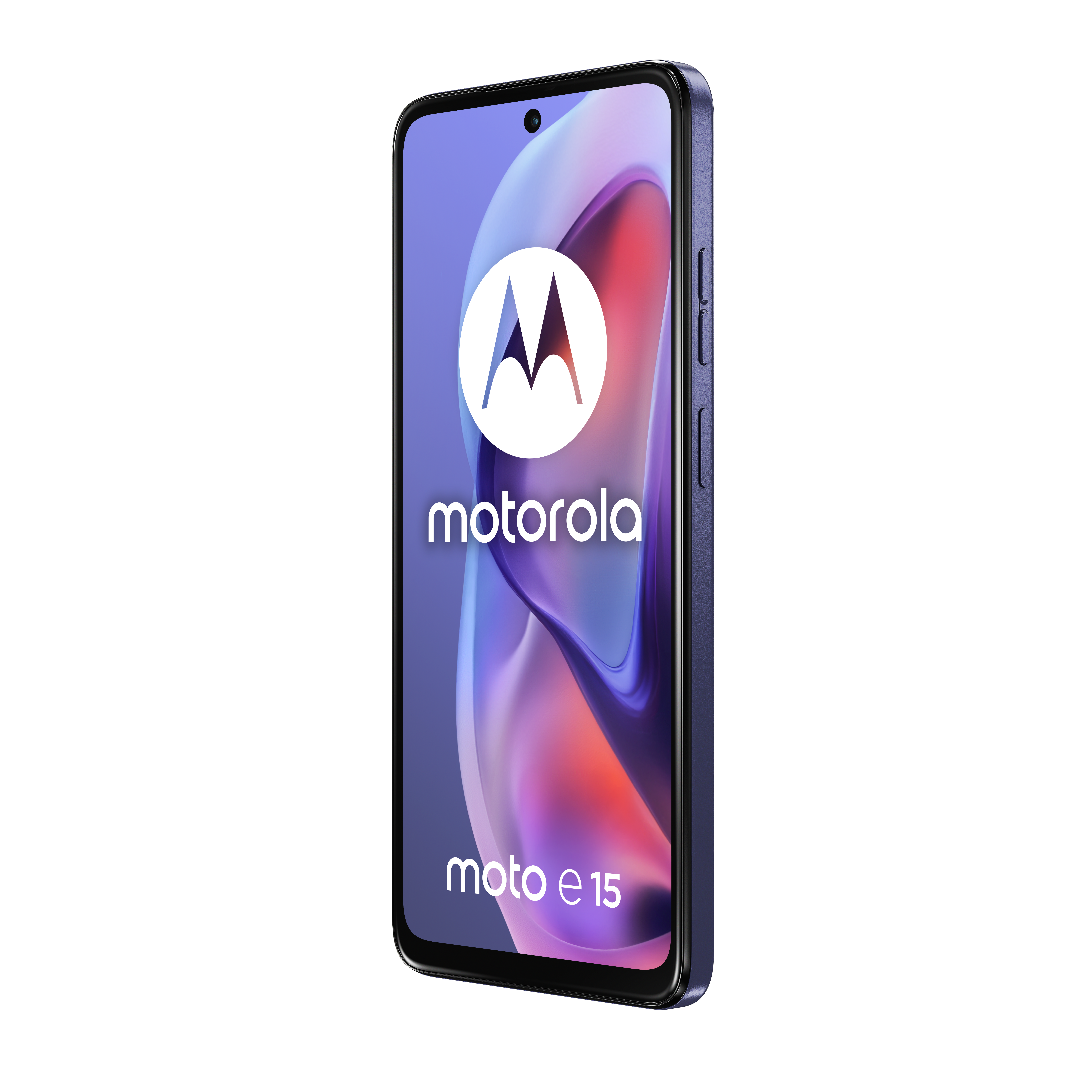 Niebieski smartfon Motorola Moto E15 z kolorową tapetą.