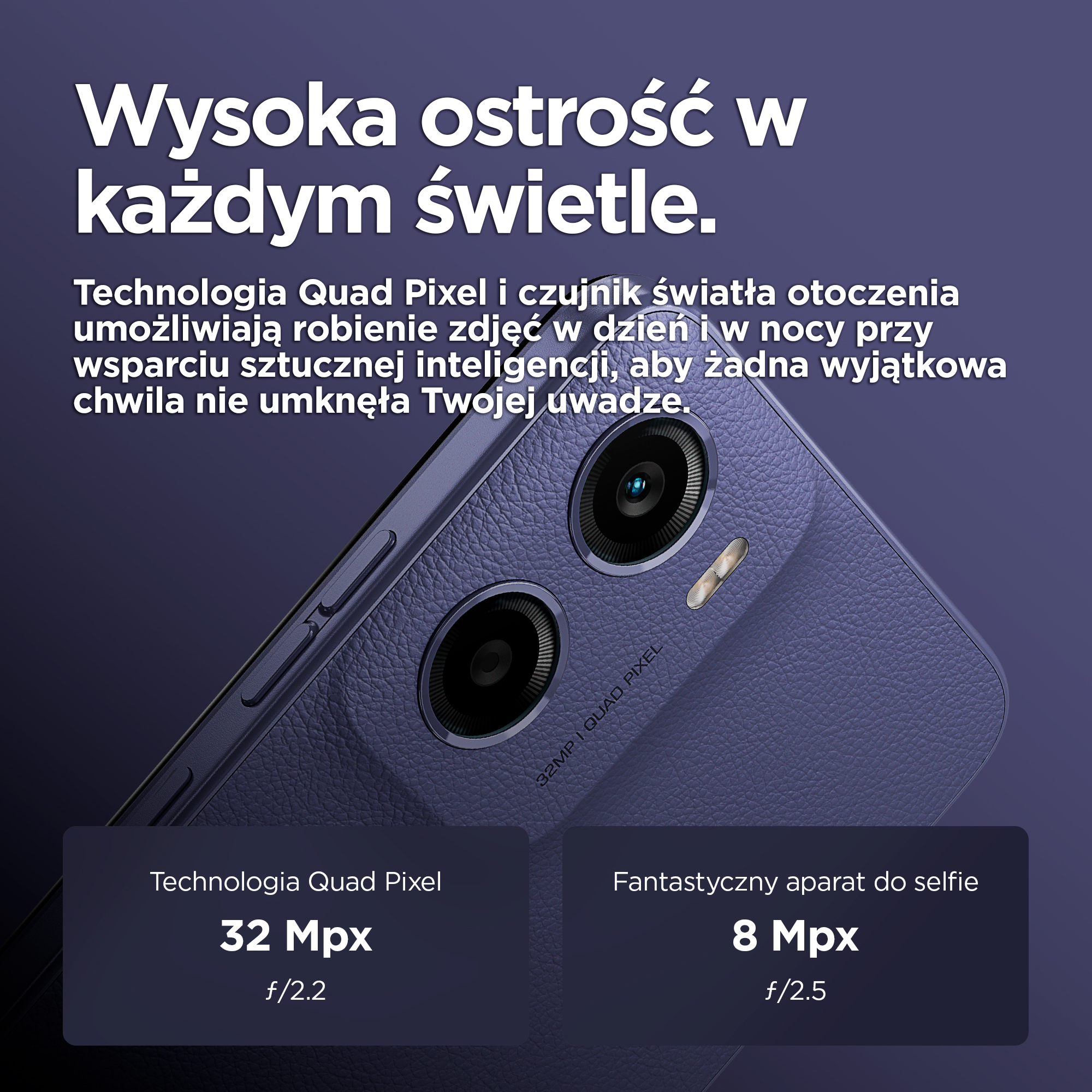 Fioletowy tył telefonu z dwoma aparatami. Tekst o jakości zdjęć.