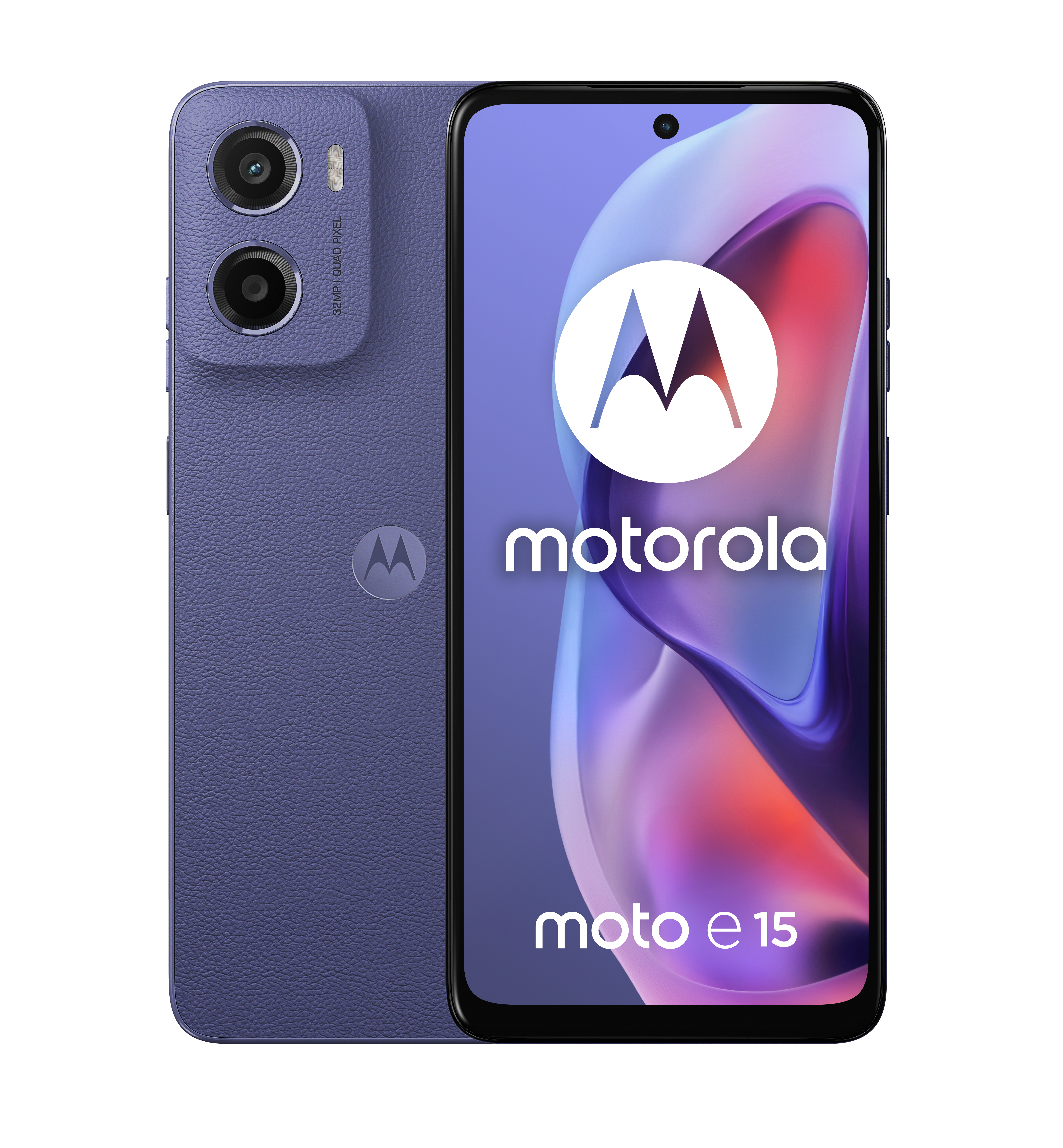 Niebieski smartfon Motorola Moto E15 z podwójnym aparatem z tyłu.