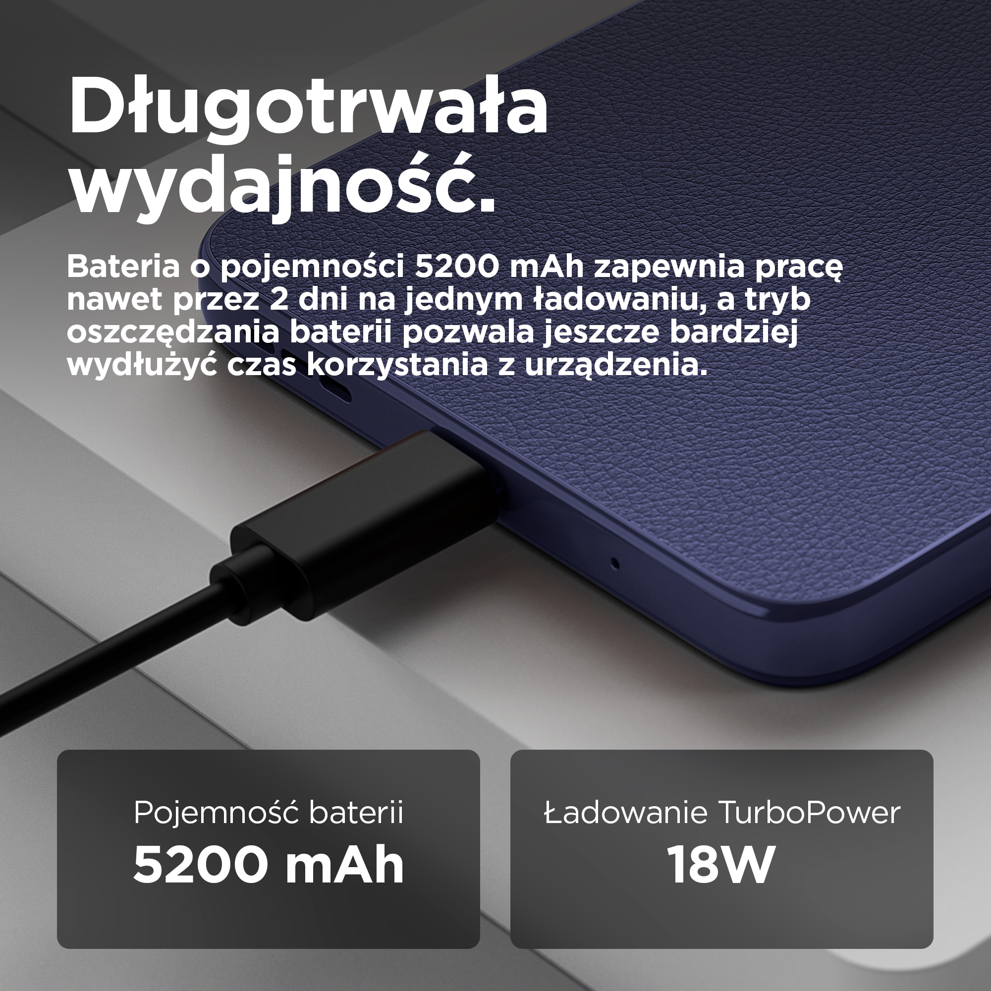Niebieski telefon z czarnym kablem ładującym, pokazujący baterię 5200 mAh.