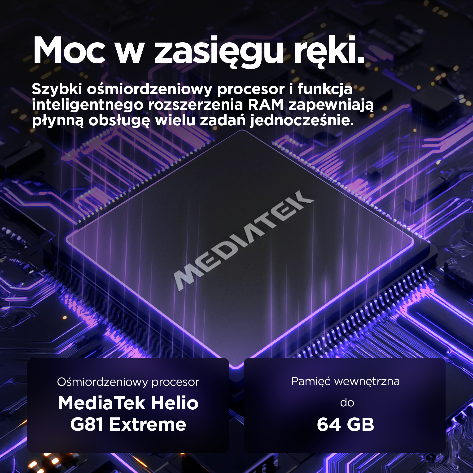 Zbliżenie procesora z logo "MEDIATEK" i fioletowymi obwodami.