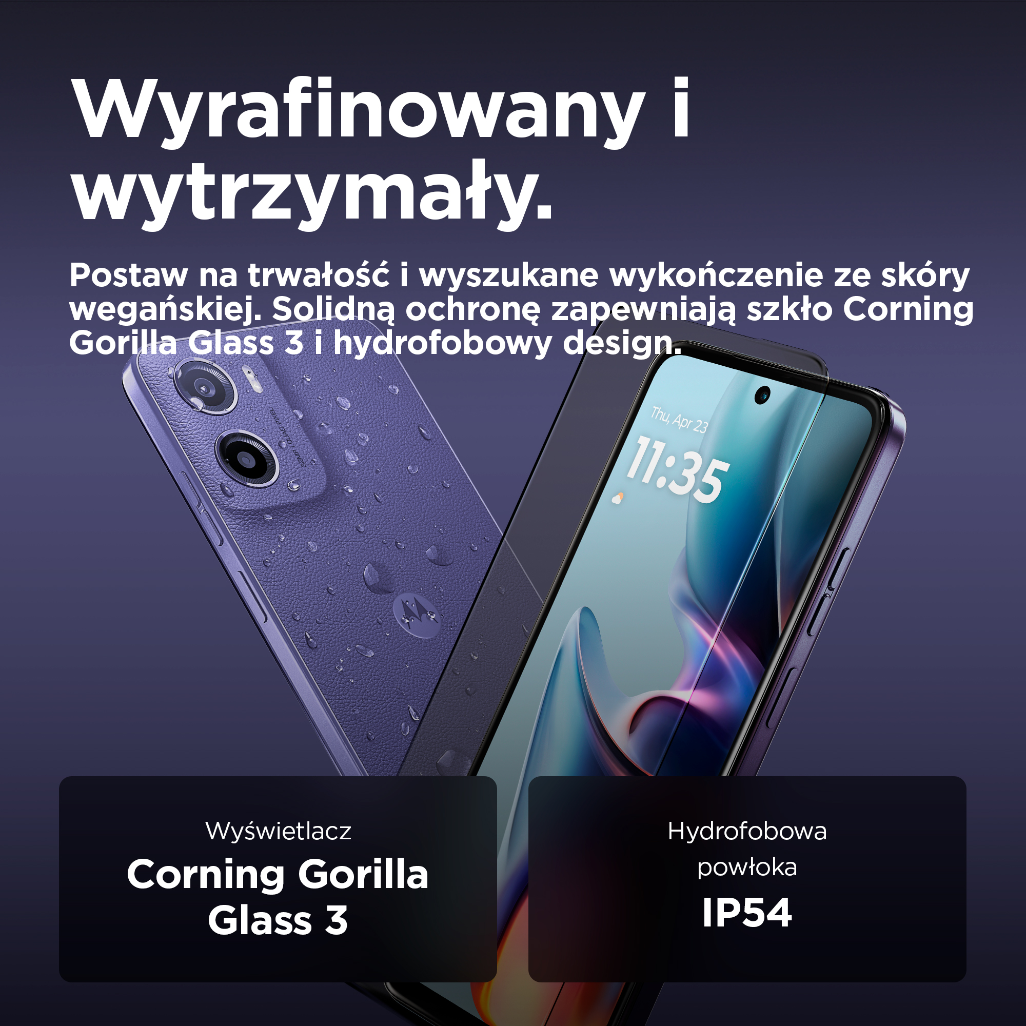 Fioletowy smartfon ze skórą, ochroną IP54 i szkłem Corning Gorilla Glass 3.
