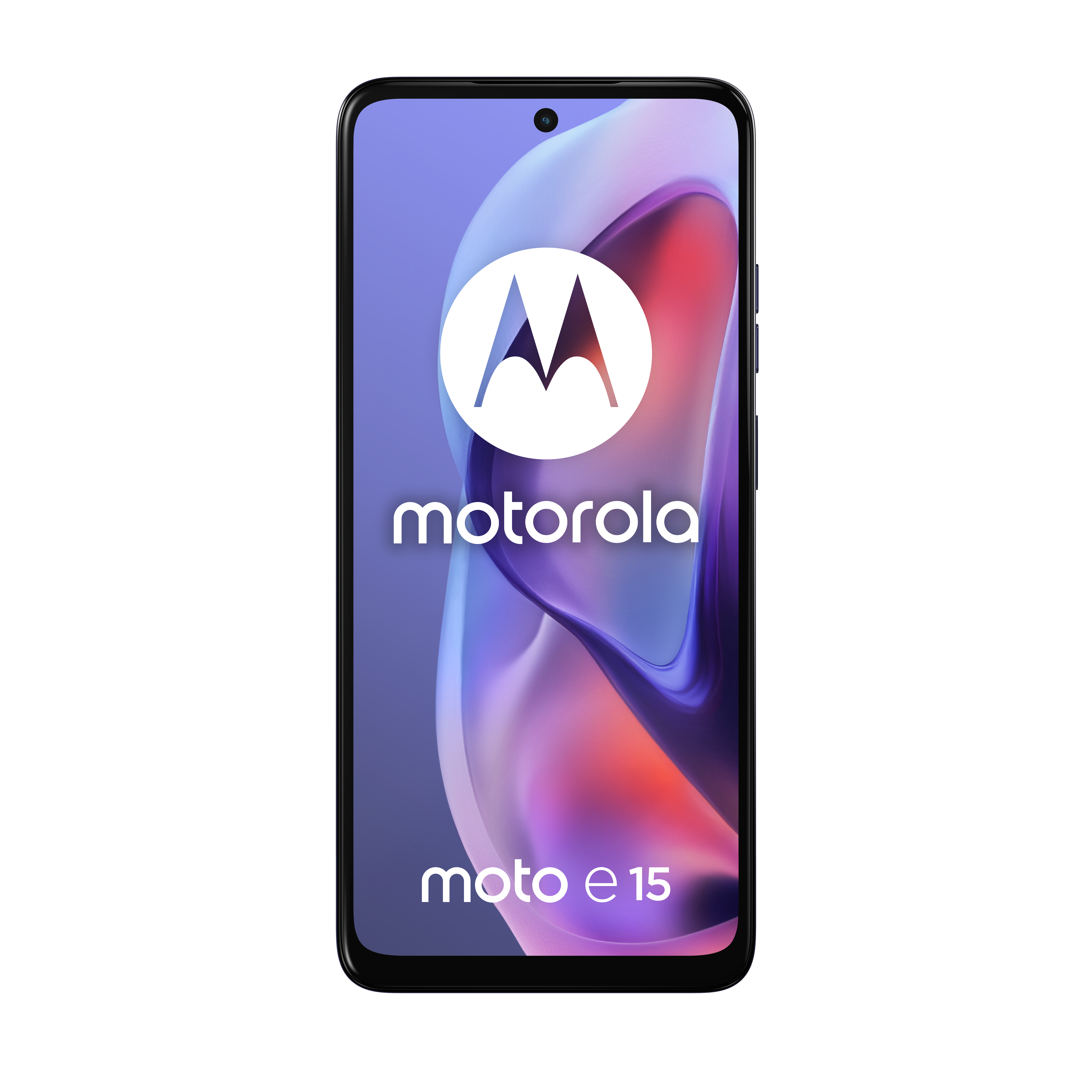 Czarny smartfon Motorola Moto e15 z kolorowym tłem na ekranie.