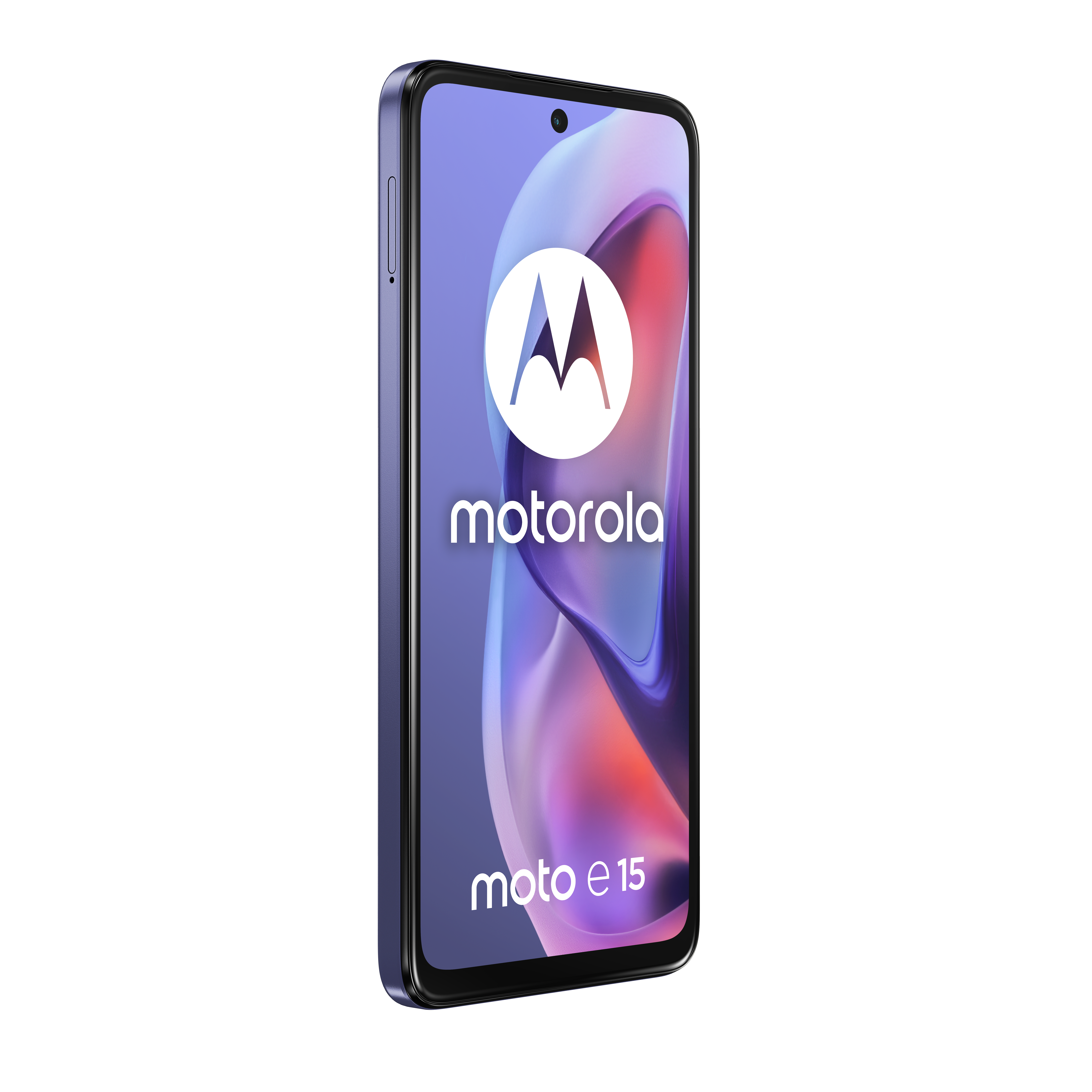 Niebieski smartfon Motorola Moto E15 ze stylizowanym tłem.