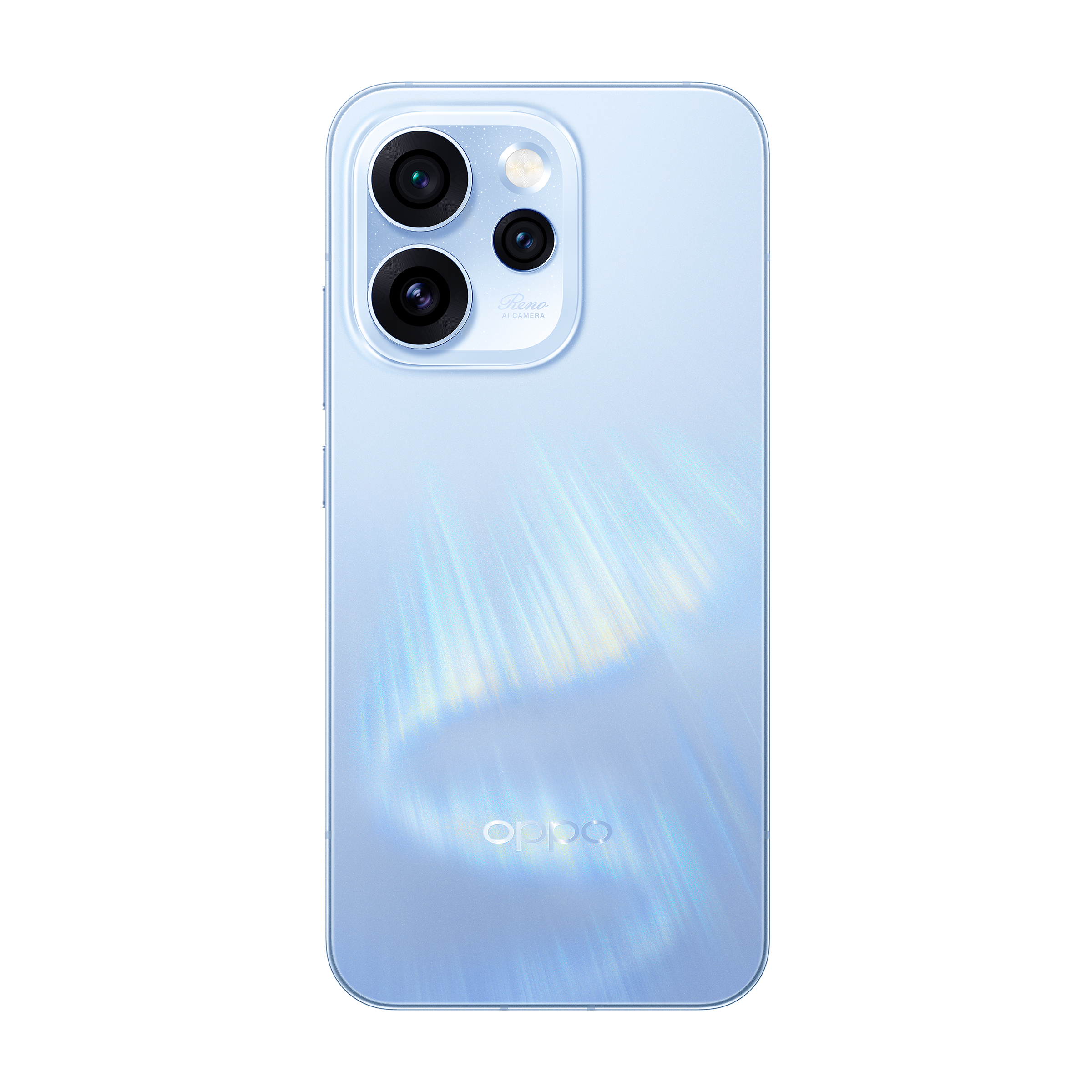Tył jasnoniebieskiego smartfona z trzema aparatami i logo Oppo.