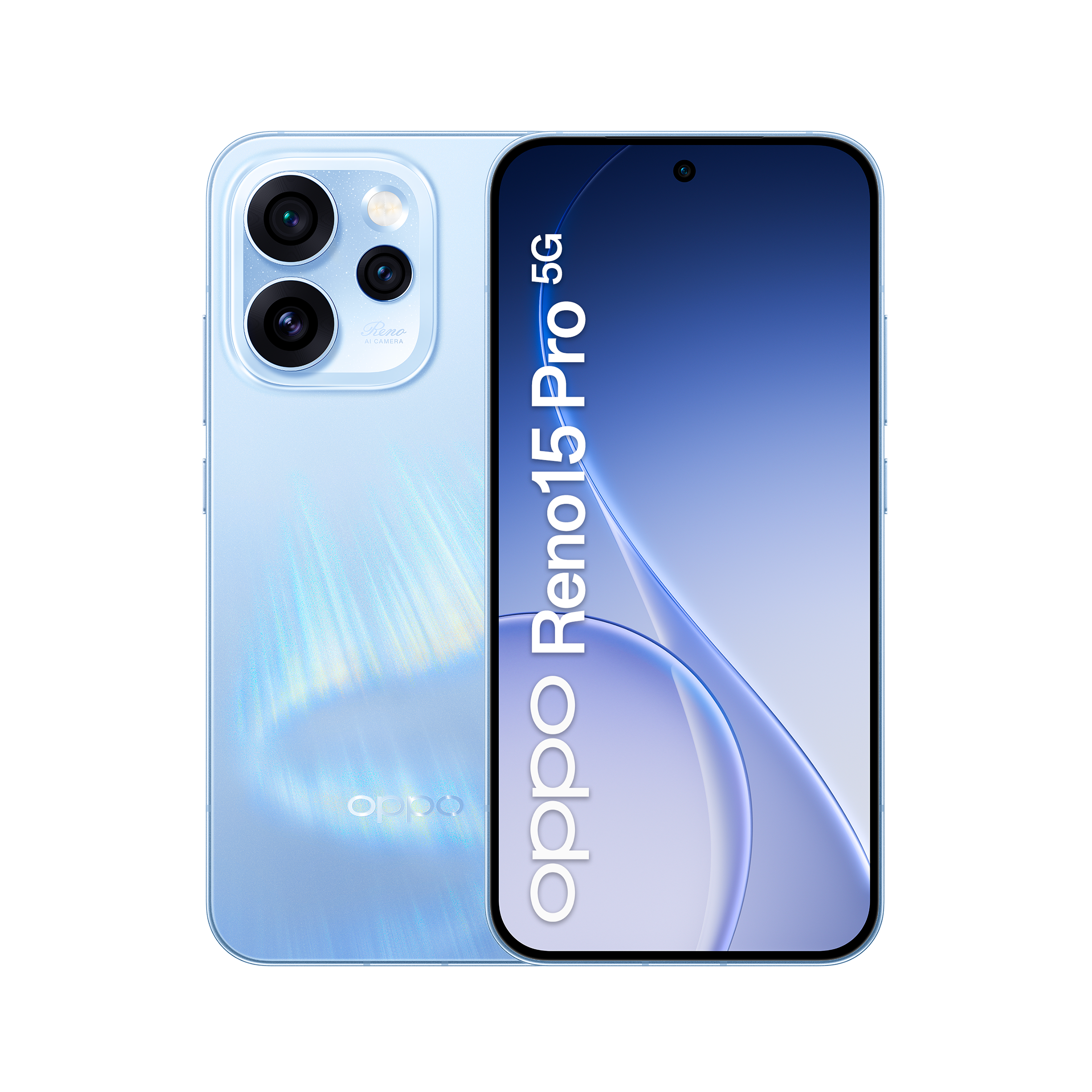 Jasnoniebieski smartfon Oppo Reno 15 Pro 5G na czarnym tle.