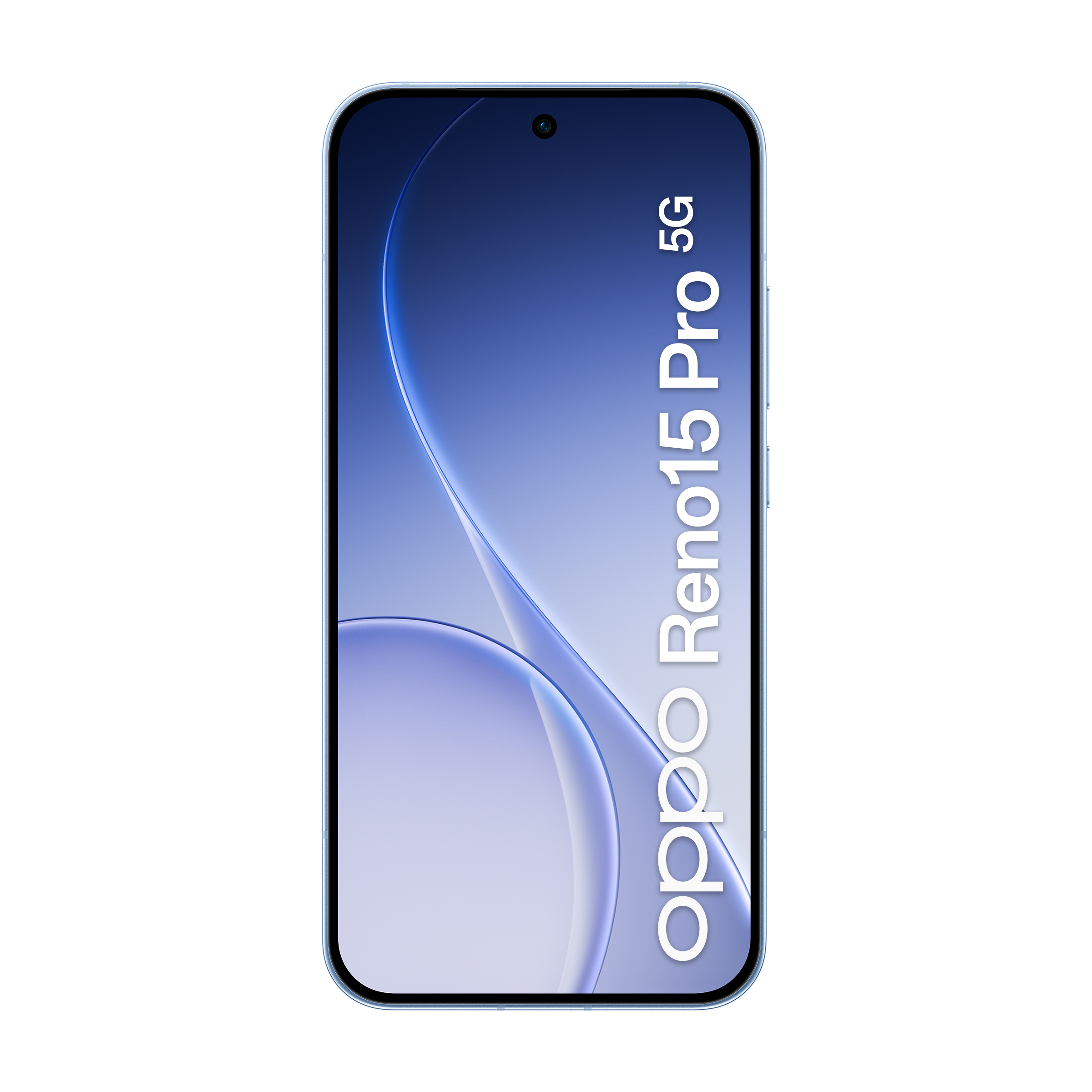 Jasnoniebieski smartfon z napisem 'Oppo Reno15 Pro 5G' na ekranie.
