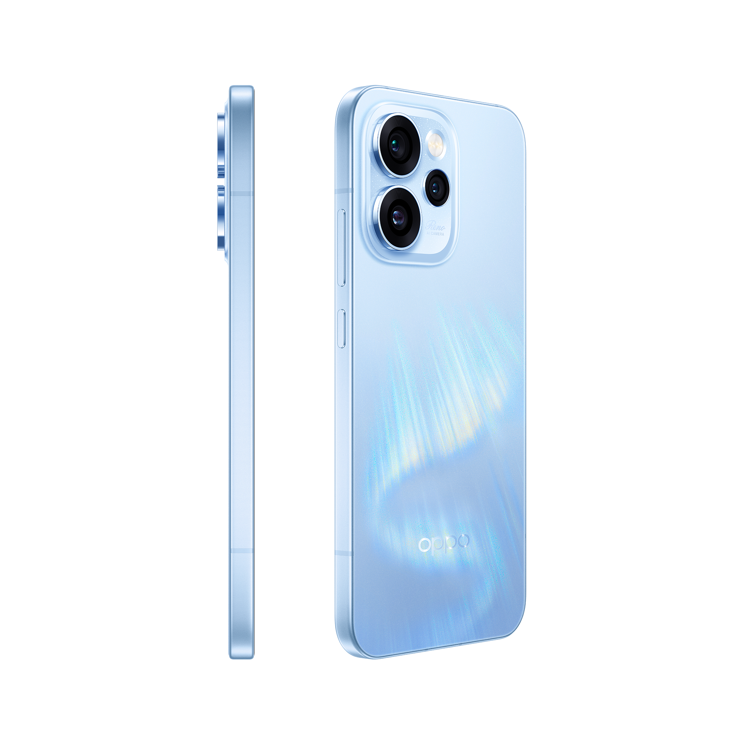 Jasnoniebieski smartfon z trzema aparatami i logo OPPO na czarnym tle.