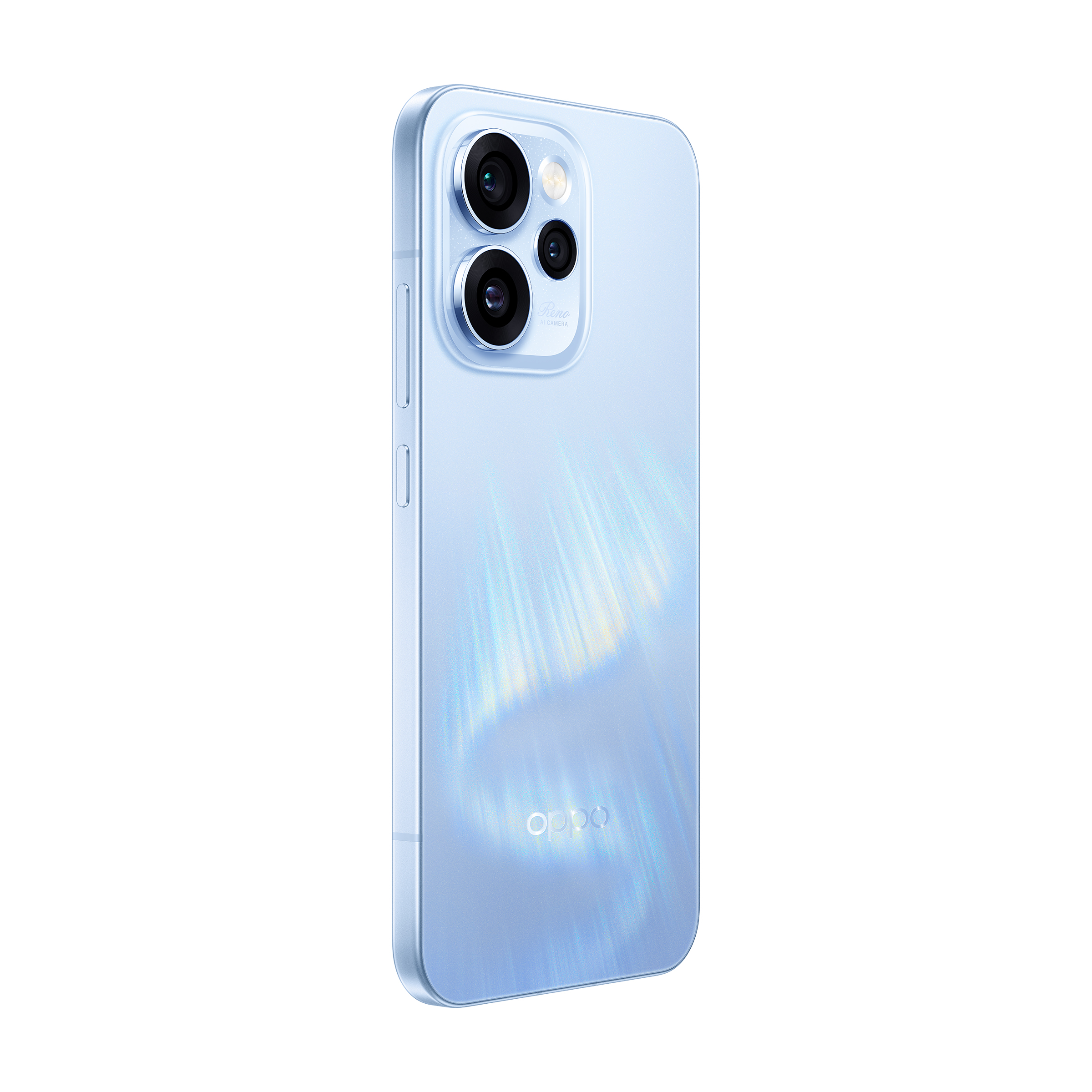 Jasnoniebieski smartfon z trzema aparatami i logo Oppo na tyle.