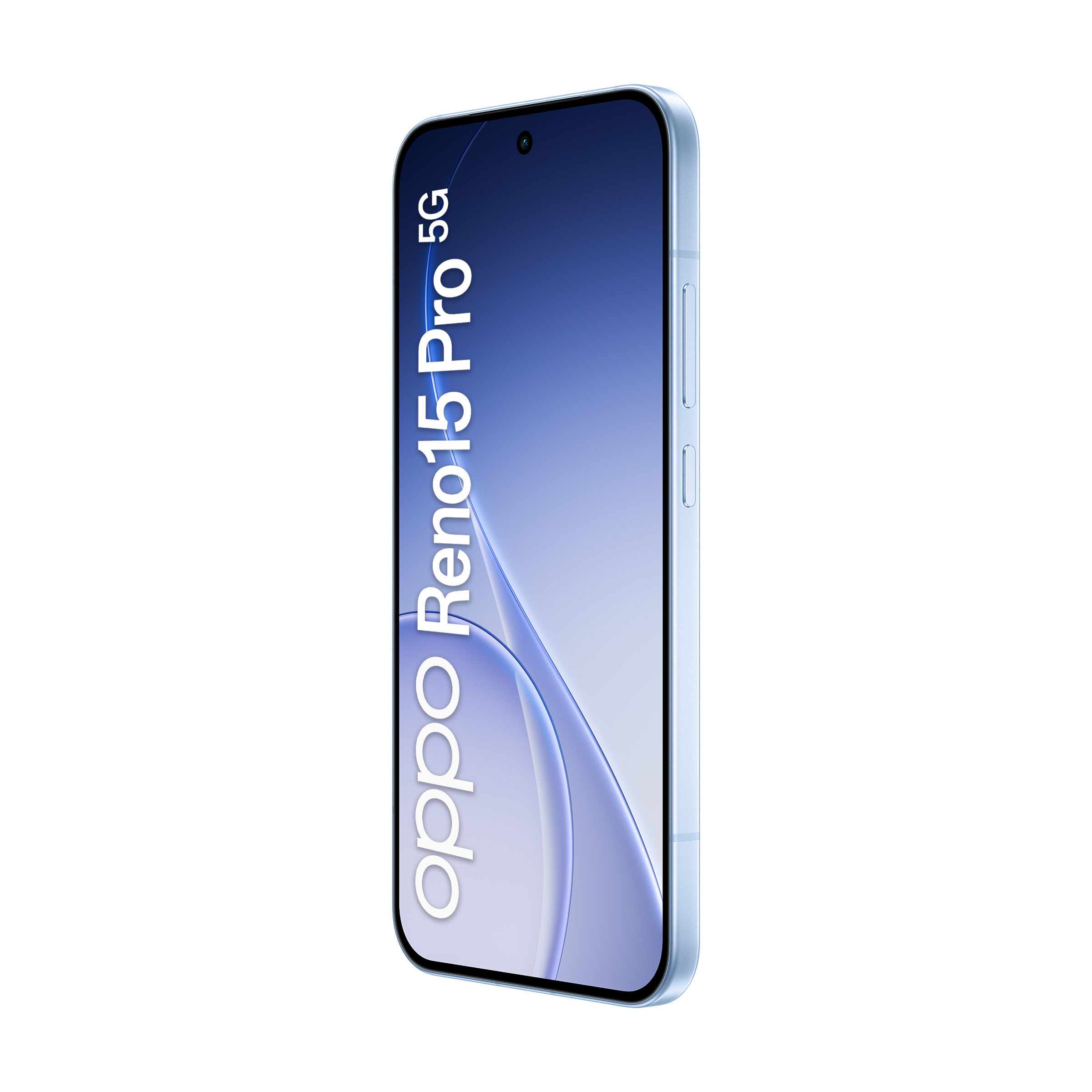 Niebieski smartfon OPPO Reno 15 Pro 5G z przednim aparatem w ekranie.