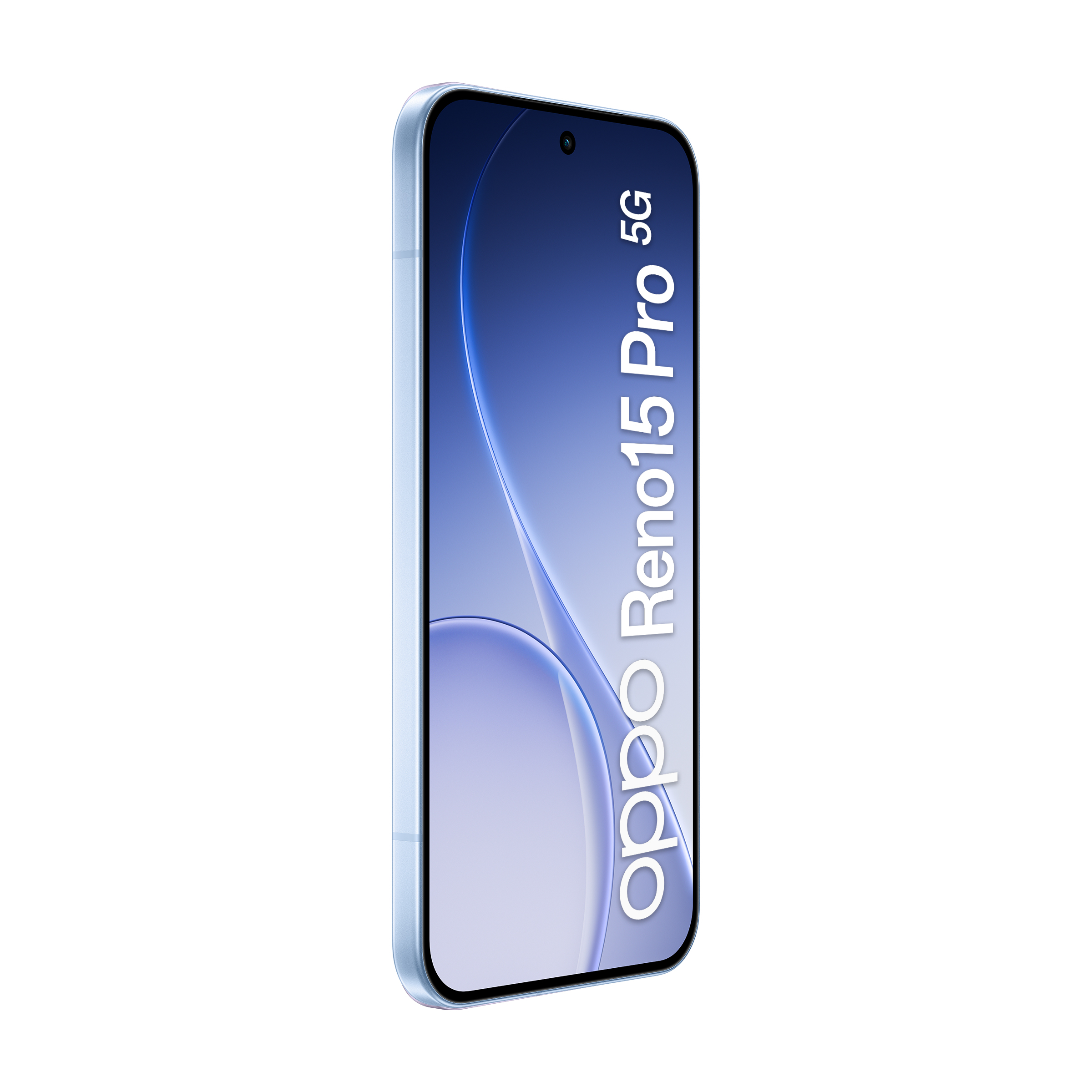 Jasnoniebieski smartfon z niebieskim tłem i napisem Oppo Reno15 Pro 5G.
