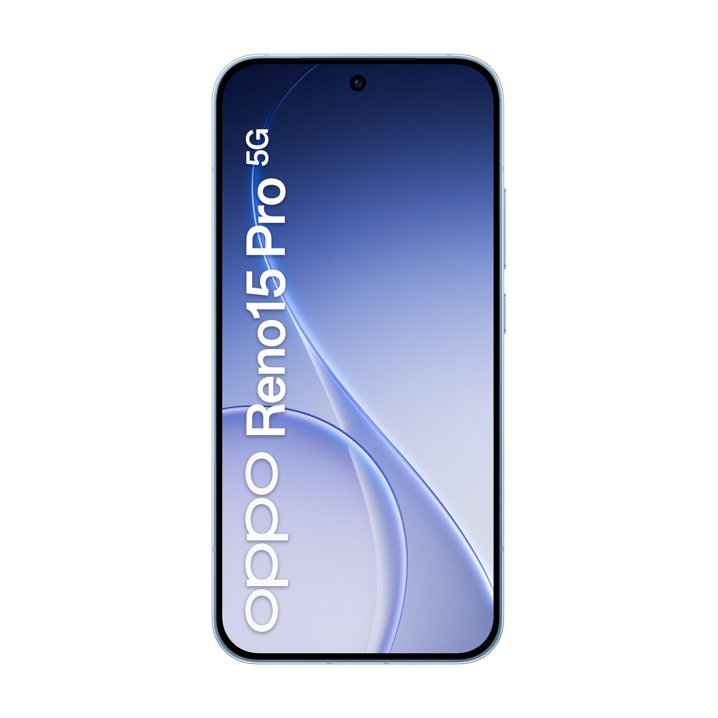 Niebieski telefon Oppo Reno15 Pro 5G z stylizowanym tłem.