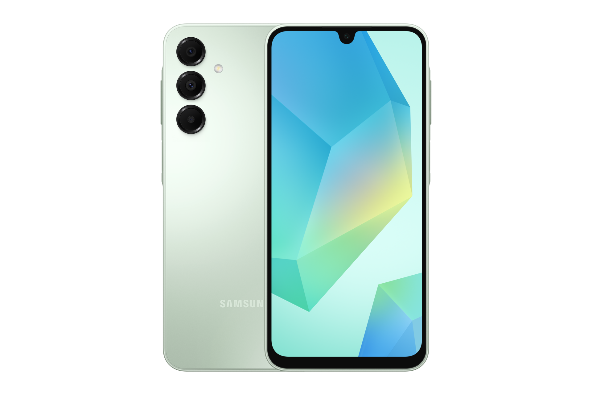 Jasnozielony smartfon Samsung z trzema tylnymi aparatami i kolorowym ekranem.