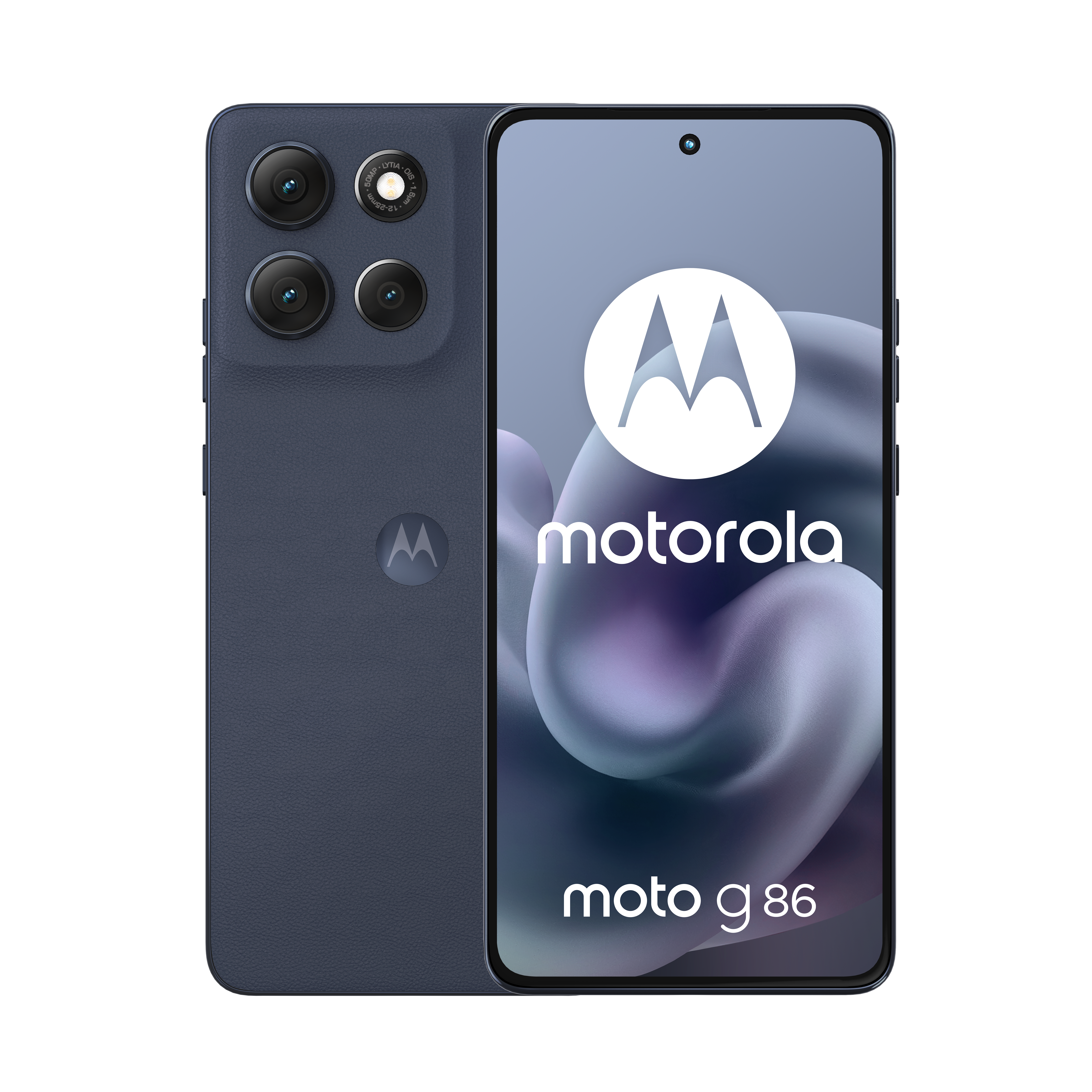 Dunkelblaues Motorola Moto G 86 Smartphone mit drei Kameras auf der Rückseite.