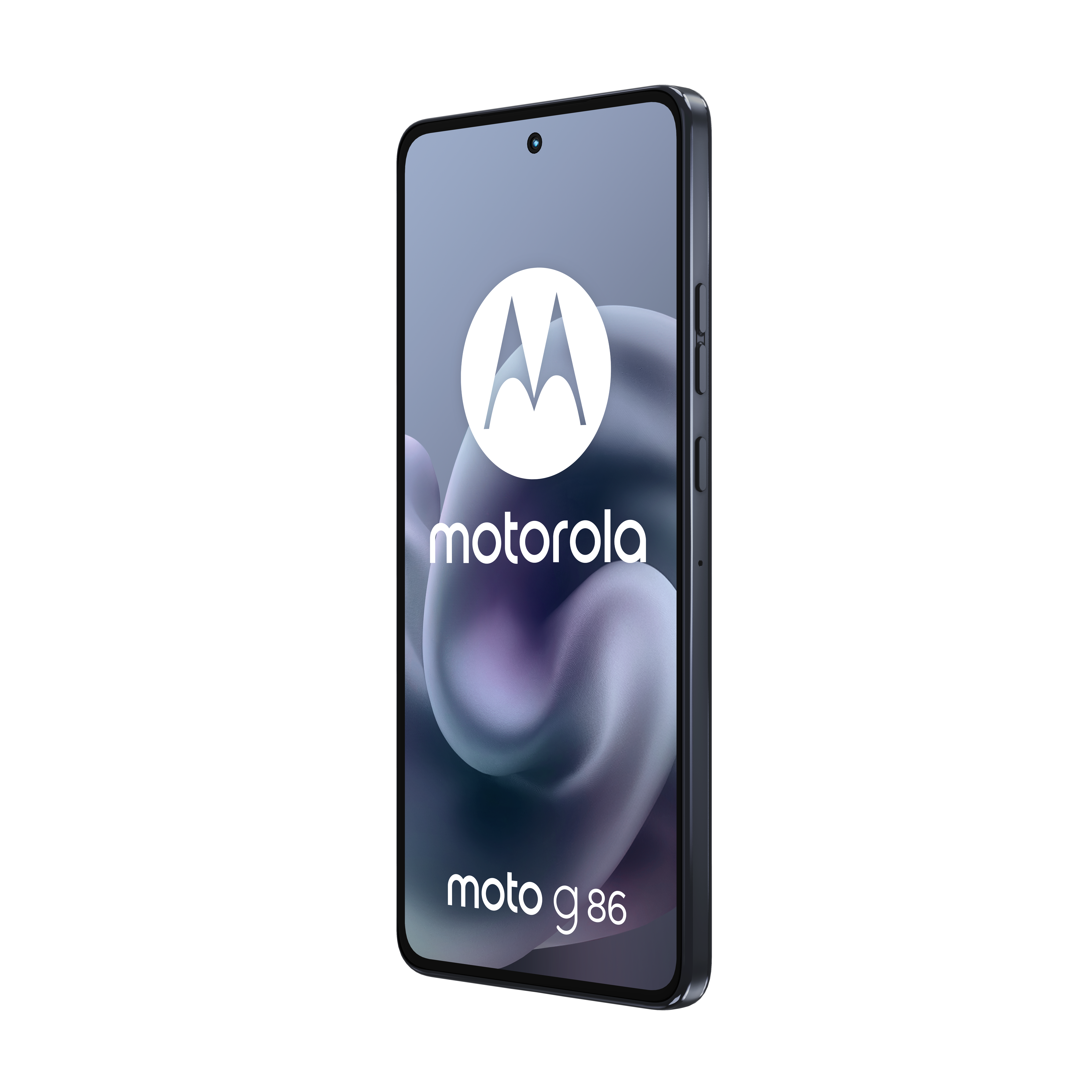 Ein schwarzes Motorola Moto G86 Smartphone mit einem stilisierten Wellenmuster-Hintergrund.